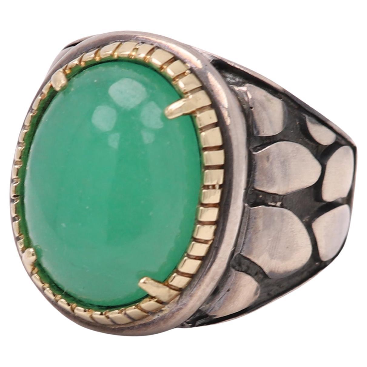 Treated Jade Ring Sterling Silver 925 and 18 Karat Gold Green Jade Jewelry For Sale