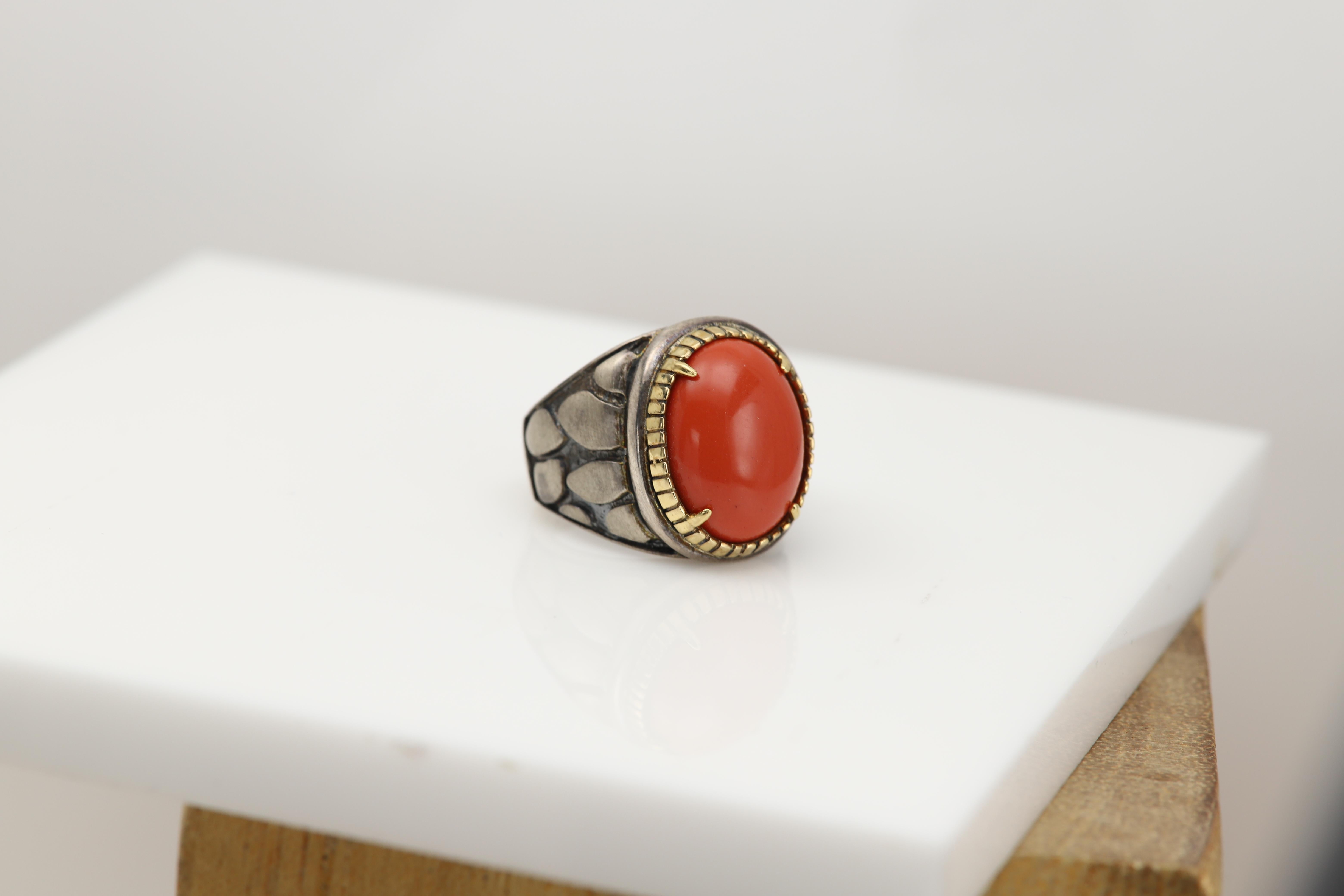 Natural Red Coral Ring Sterling Silver 925 and 18 Karat Gold en venta 5