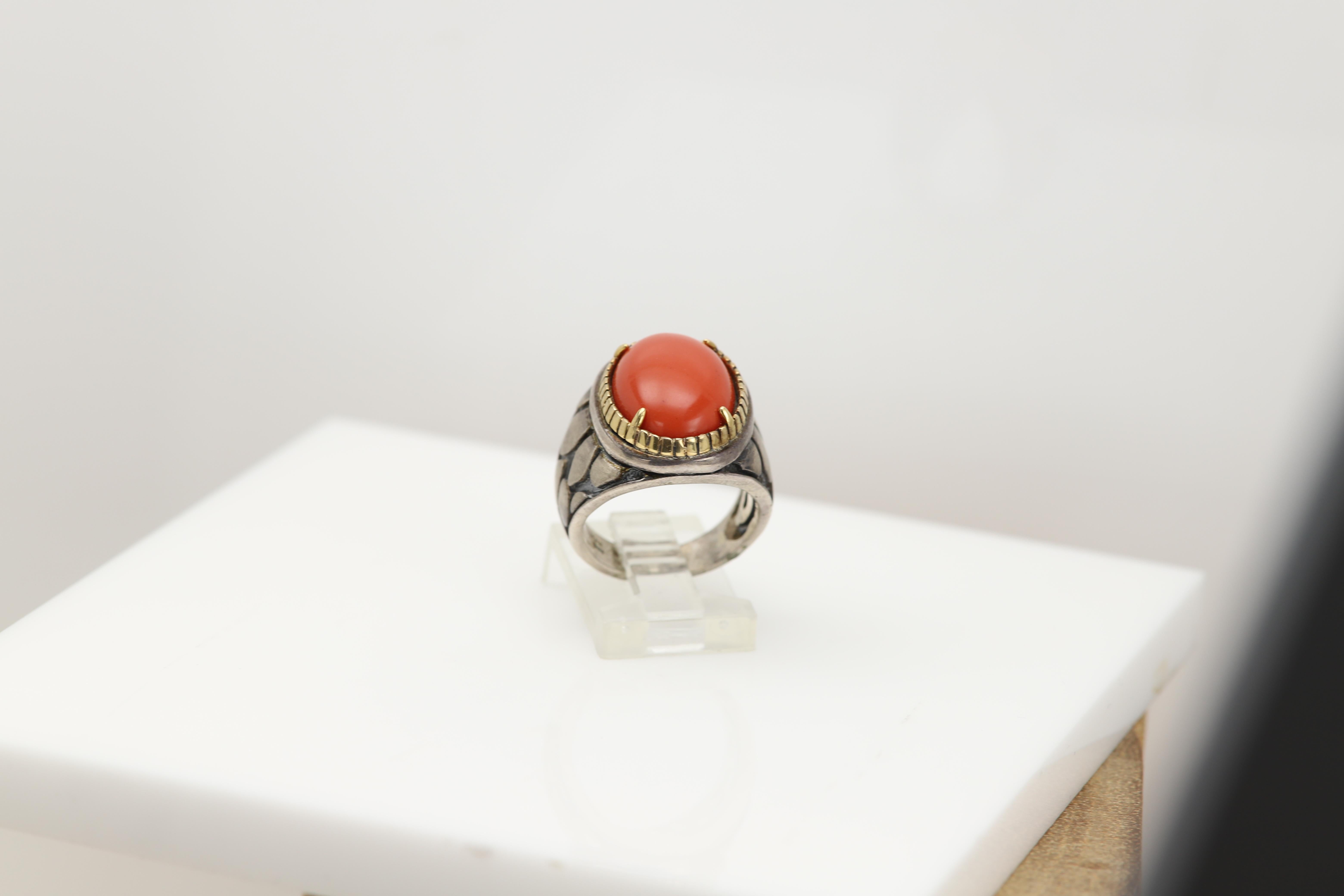 Natural Red Coral Ring Sterling Silver 925 and 18 Karat Gold en venta 6