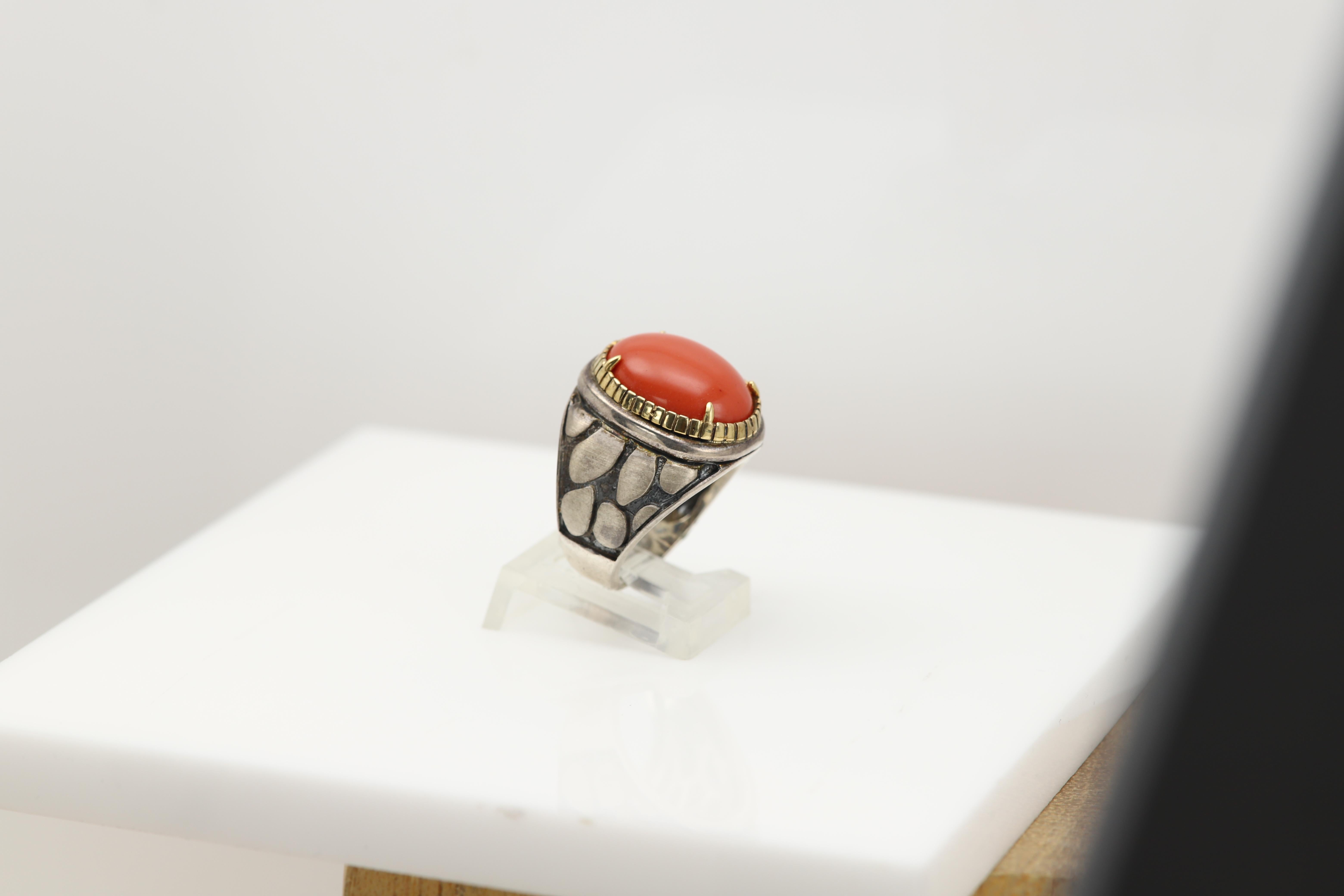 Natural Red Coral Ring Sterling Silver 925 and 18 Karat Gold en venta 7