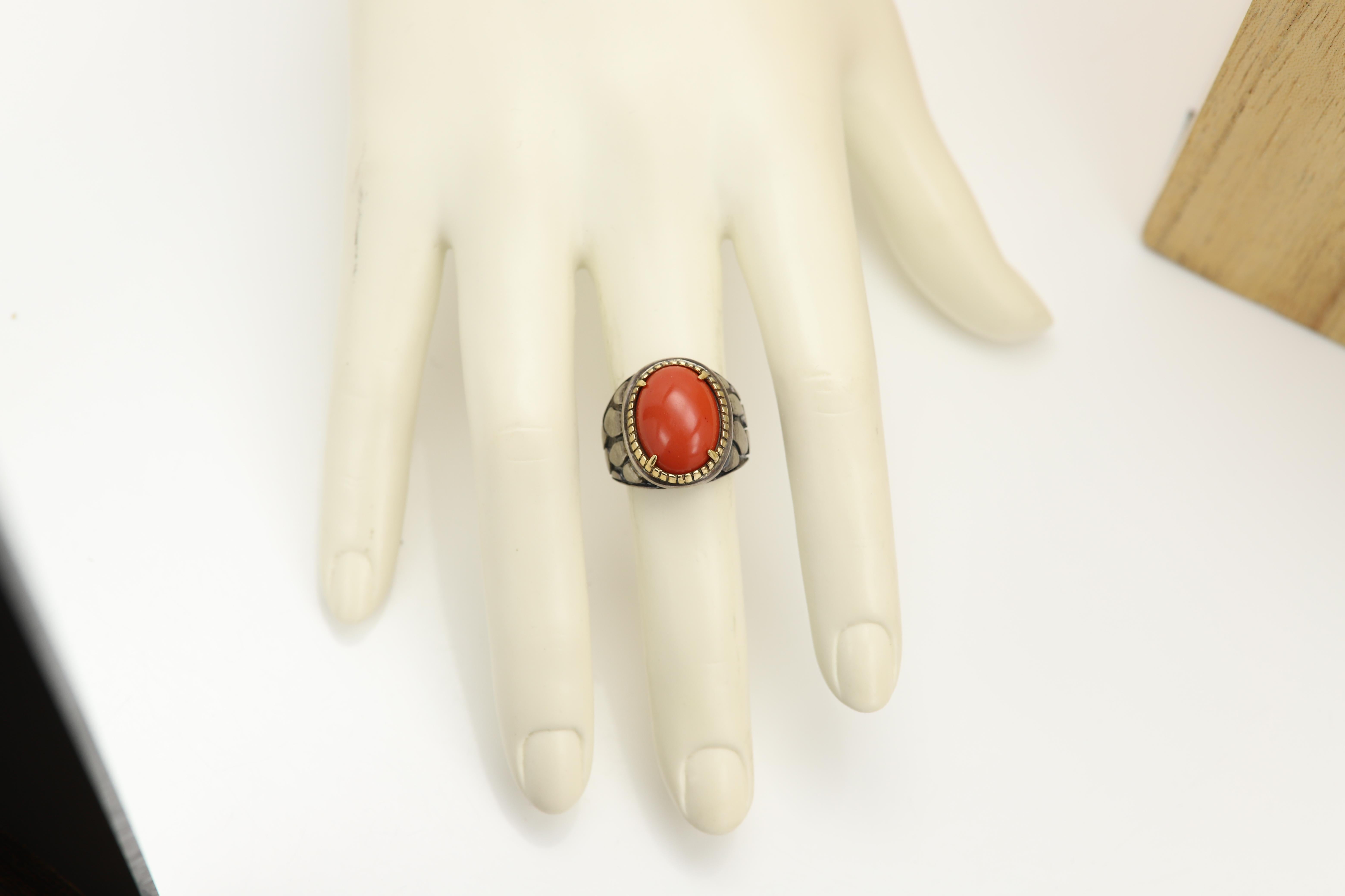 Natural Red Coral Ring Sterling Silver 925 and 18 Karat Gold en venta 8