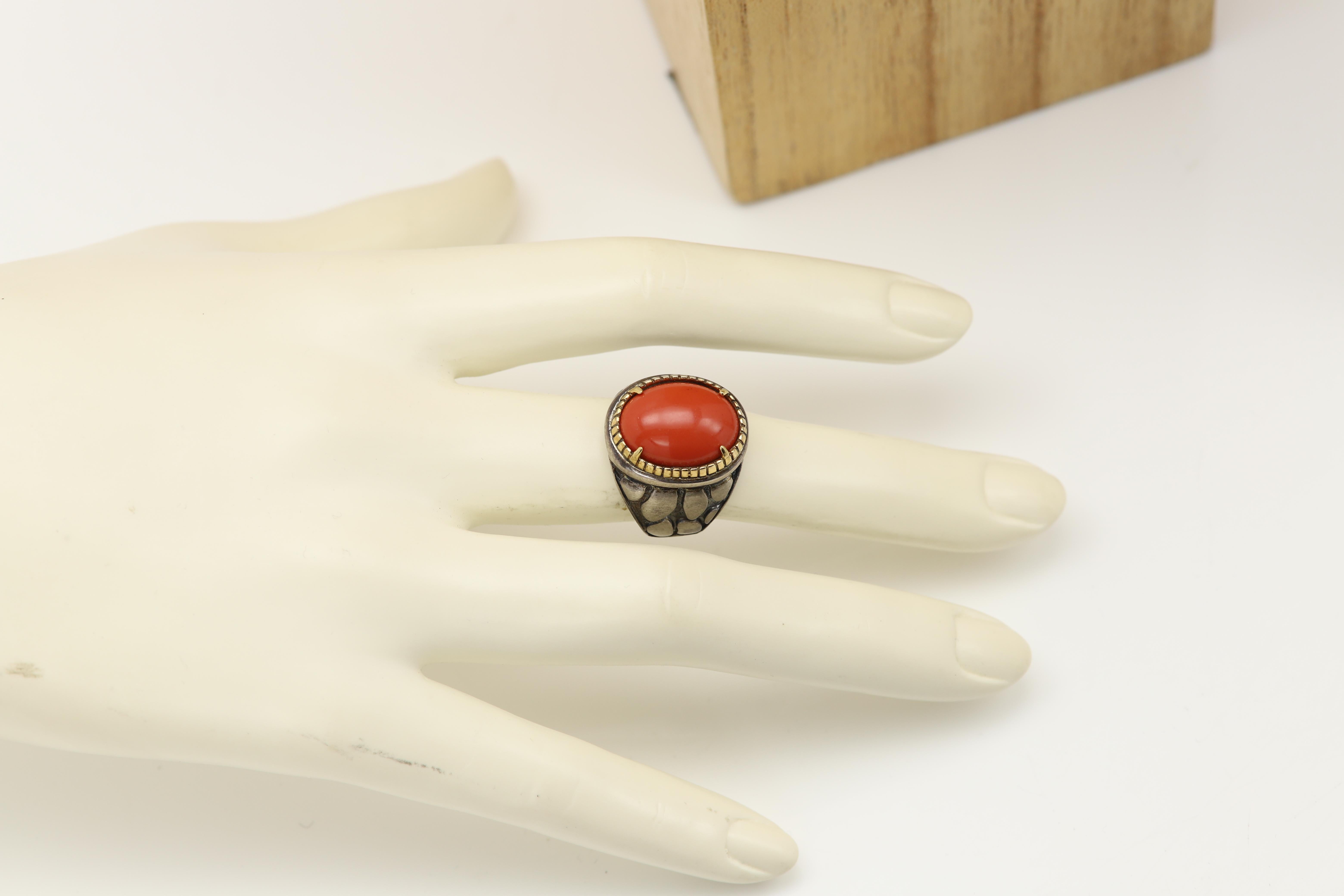 Natural Red Coral Ring Sterling Silver 925 and 18 Karat Gold en venta 9