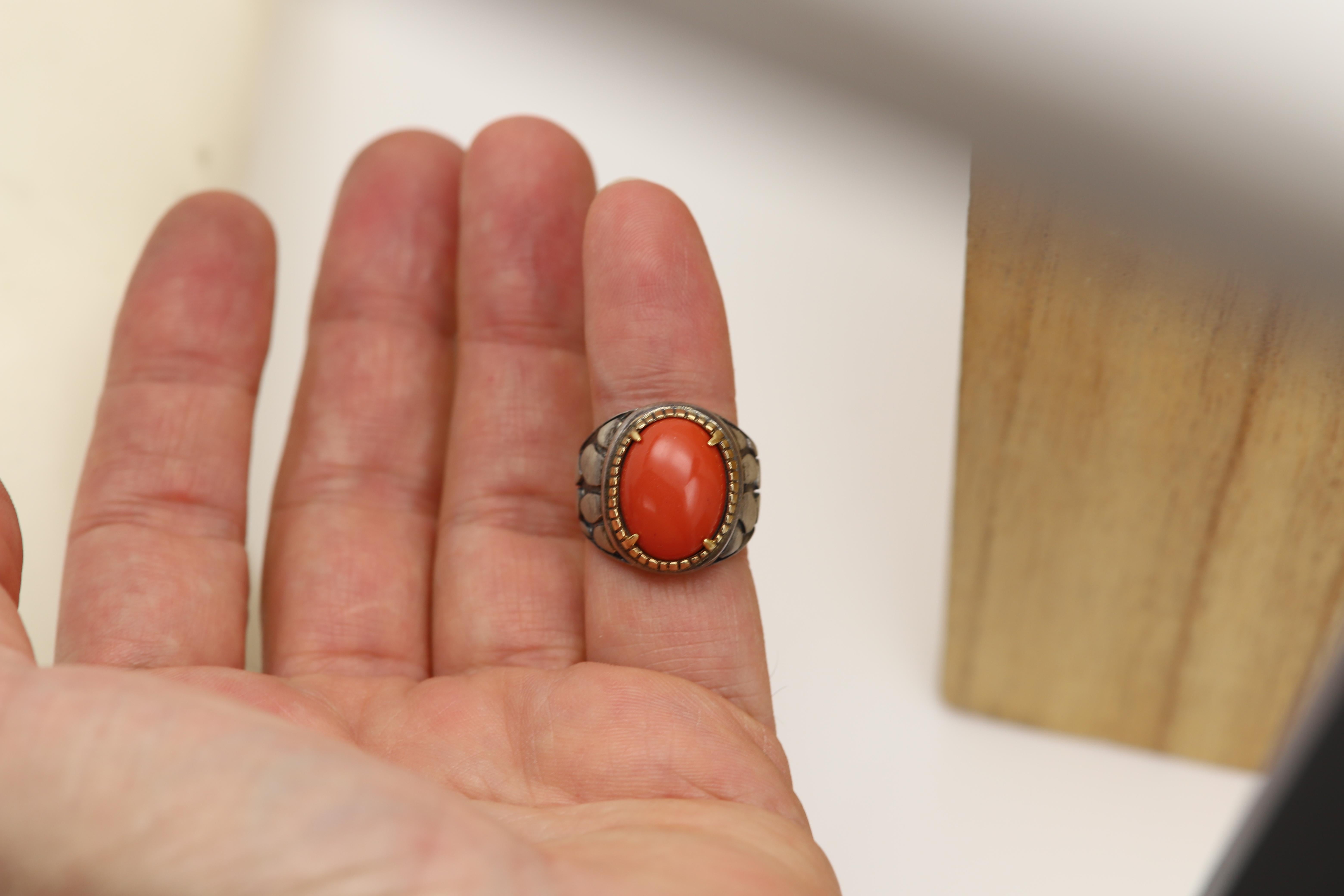 Natural Red Coral Ring Sterling Silver 925 and 18 Karat Gold en venta 3