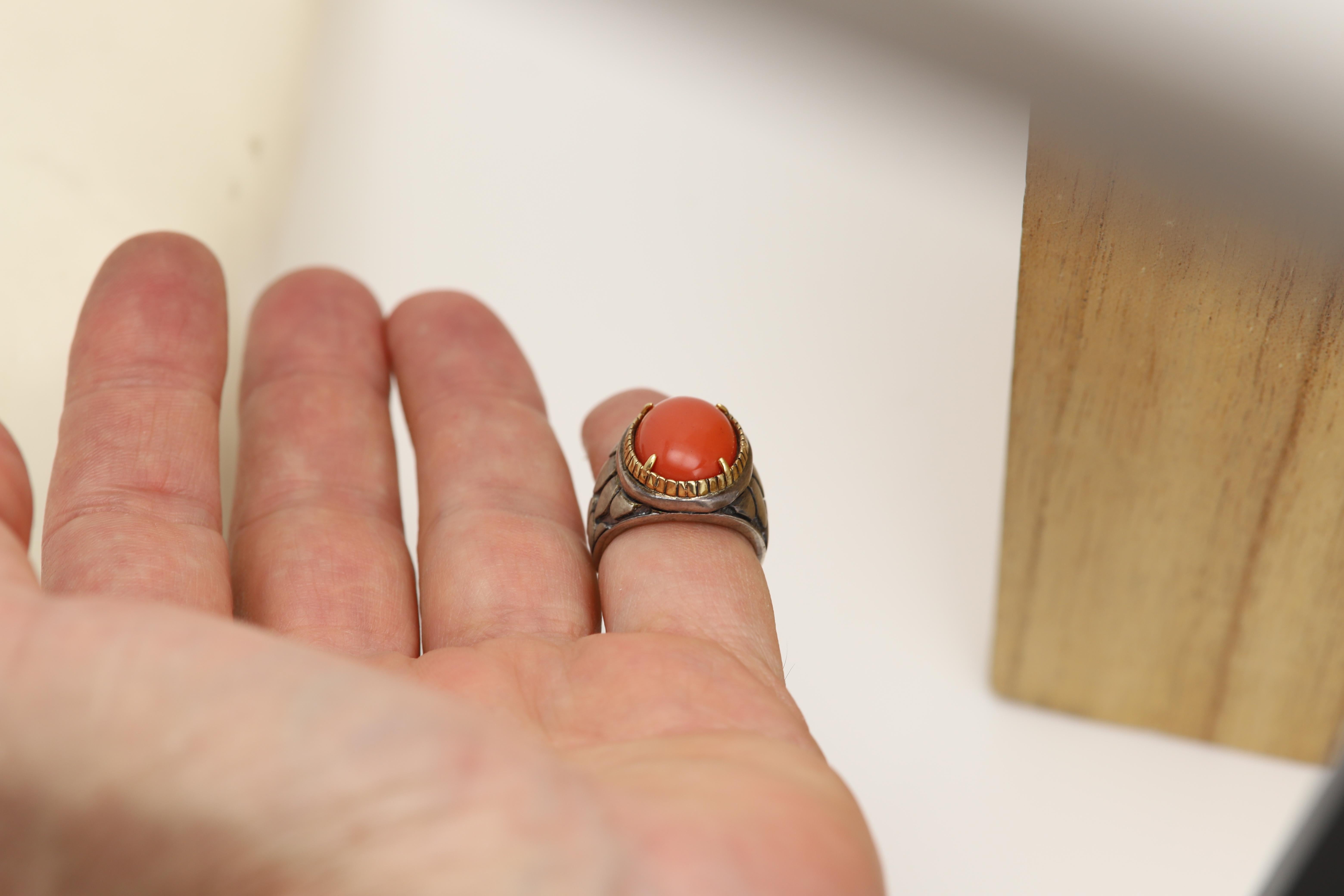 Natural Red Coral Ring Sterling Silver 925 and 18 Karat Gold en venta 4