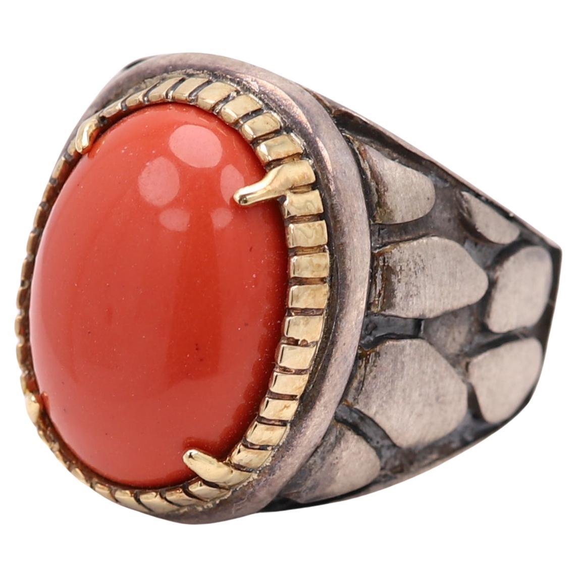 Treated Red Coral Ring Sterling Silver 925 and 18 Karat Gold