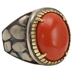 Natural Red Coral Ring Sterling Silver 925 and 18 Karat Gold