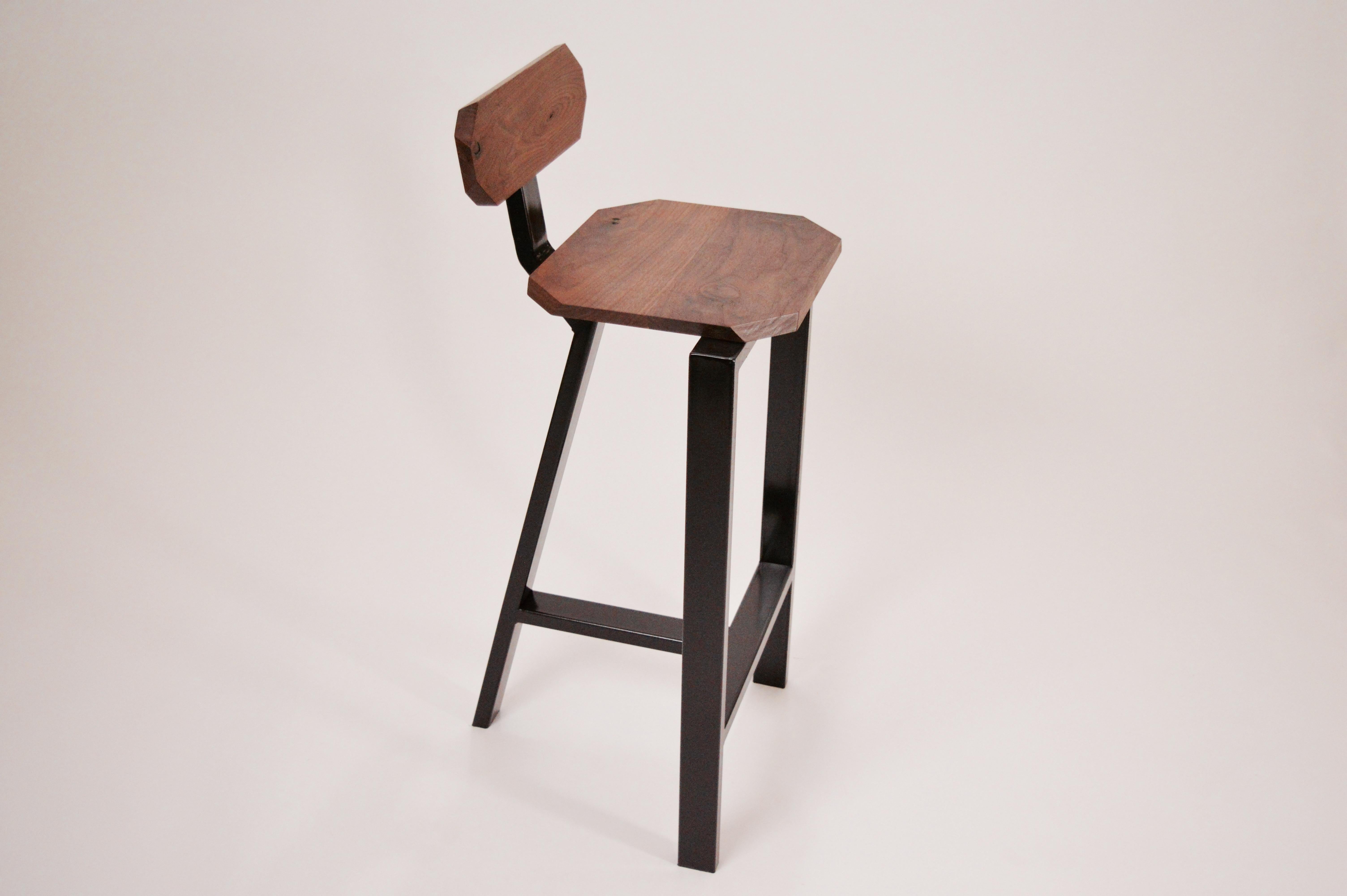 American Craftsman Treble Stool of Welded and Powder Coated Steel and Carved Black Walnut Hardwood For Sale