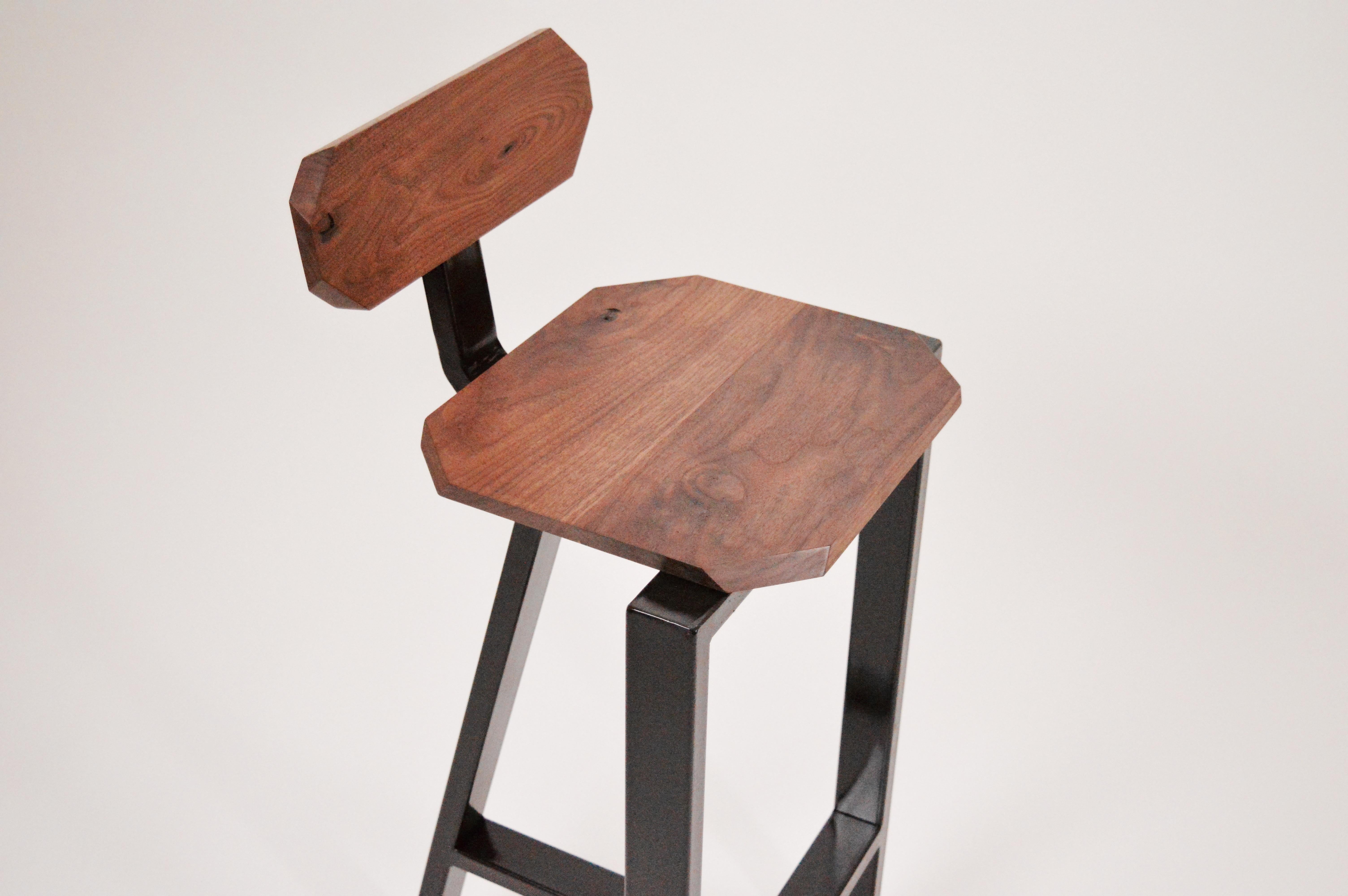 North American Treble Stool of Welded and Powder Coated Steel and Carved Black Walnut Hardwood For Sale