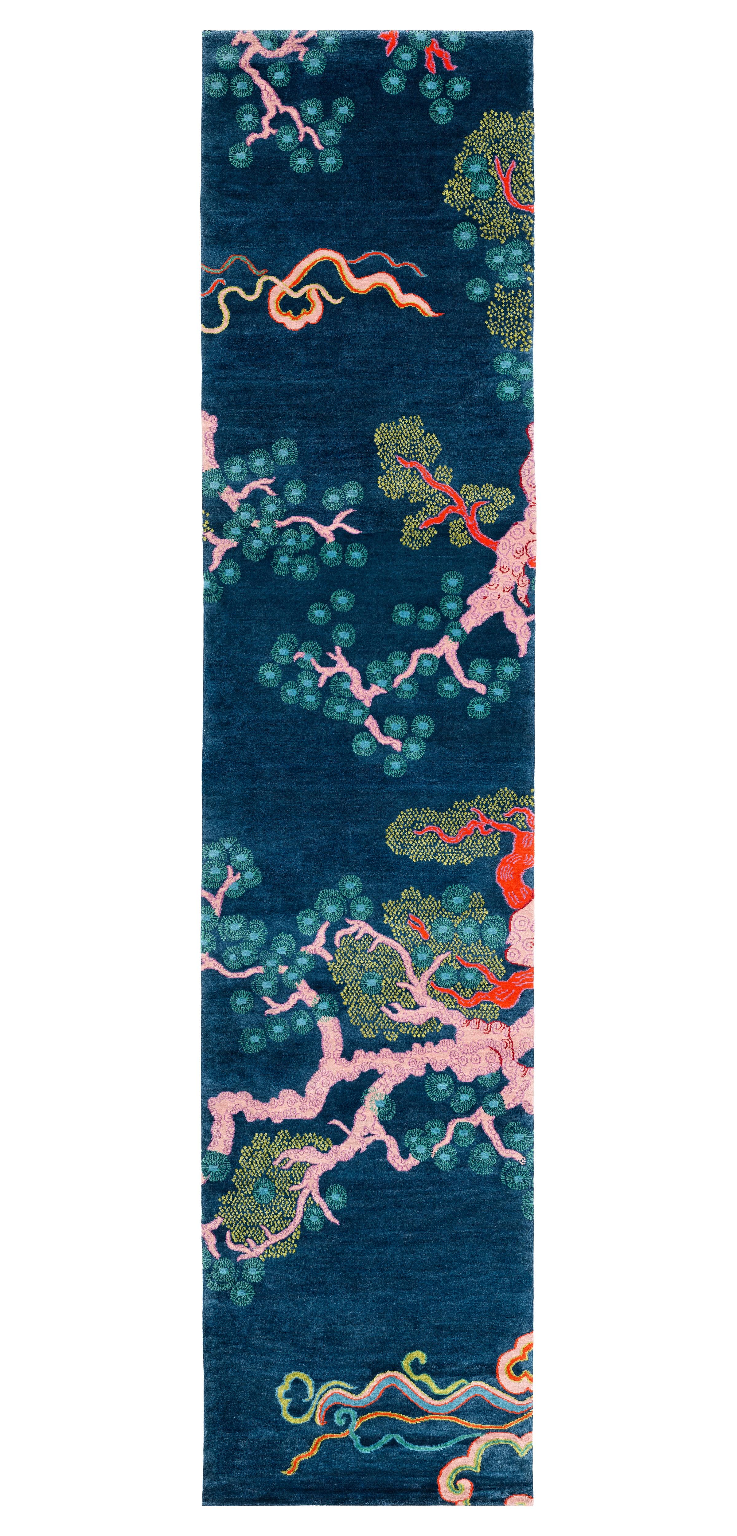 Tree And Cloud Indigo Wool and Silk Chinese Inspired Runner Rug by Joseph Carini For Sale 4