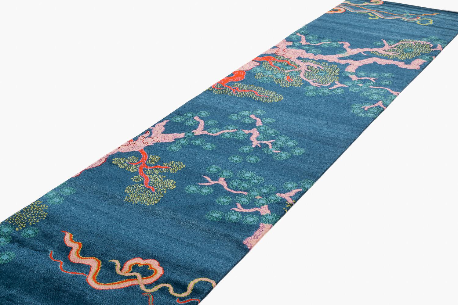 Modern Tree And Cloud Indigo Wool and Silk Chinese Inspired Runner Rug by Joseph Carini For Sale