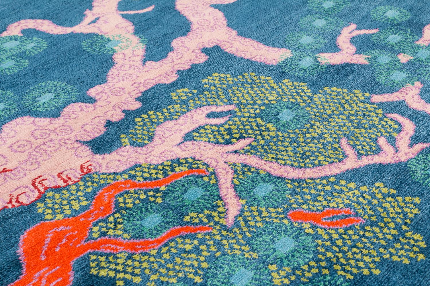 Nepalese Tree And Cloud Indigo Wool and Silk Chinese Inspired Runner Rug by Joseph Carini For Sale