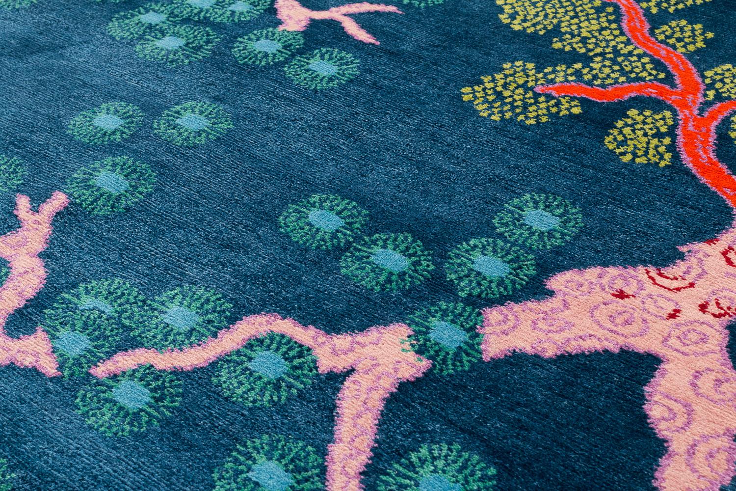 Vegetable Dyed Tree And Cloud Indigo Wool and Silk Chinese Inspired Runner Rug by Joseph Carini For Sale