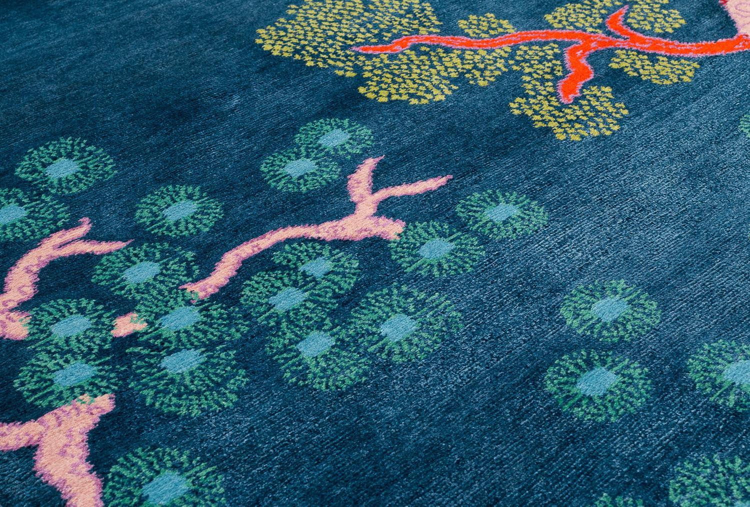 Tree And Cloud Indigo Wool and Silk Chinese Inspired Runner Rug by Joseph Carini In New Condition For Sale In New York, NY