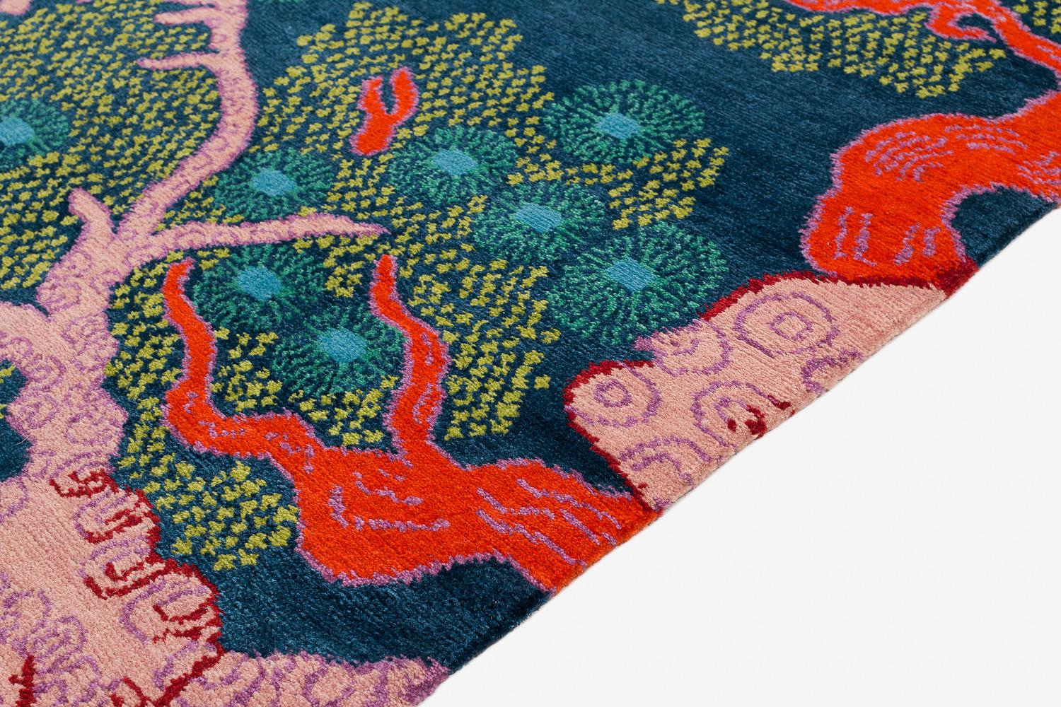 Contemporary Tree And Cloud Indigo Wool and Silk Chinese Inspired Runner Rug by Joseph Carini For Sale