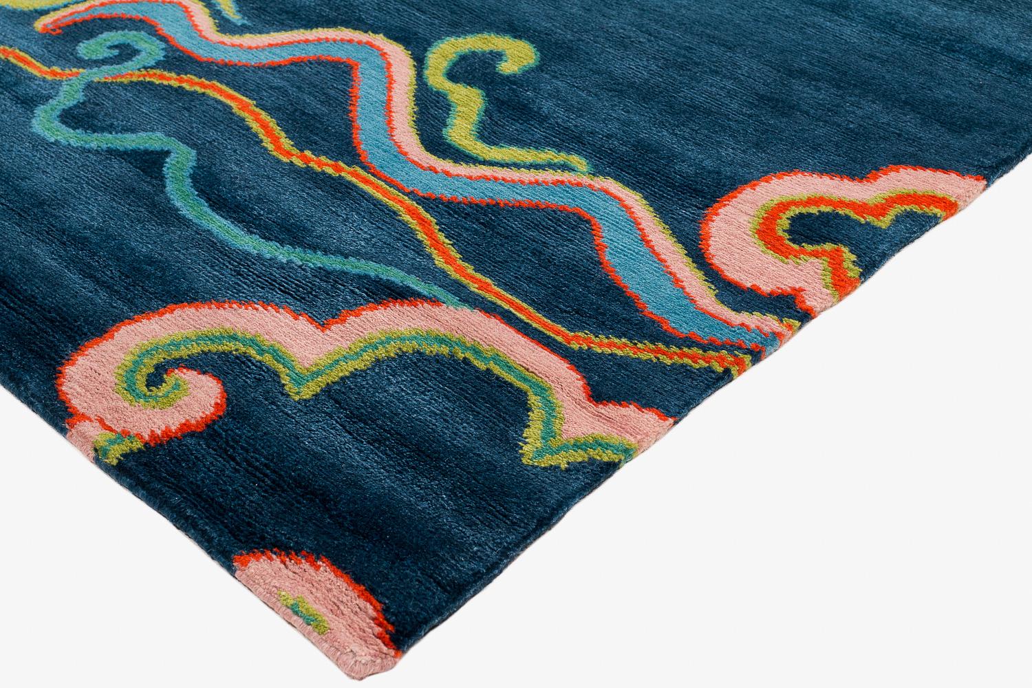 Tree And Cloud Indigo Wool and Silk Chinese Inspired Runner Rug by Joseph Carini For Sale 1