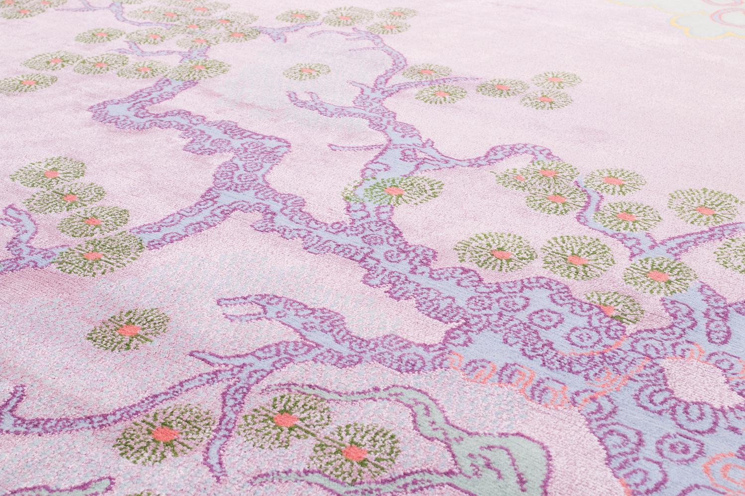 Nepalese Tappeto d'ispirazione cinese in lana e seta Tree And Cloud Lilac di Joseph Carini in vendita