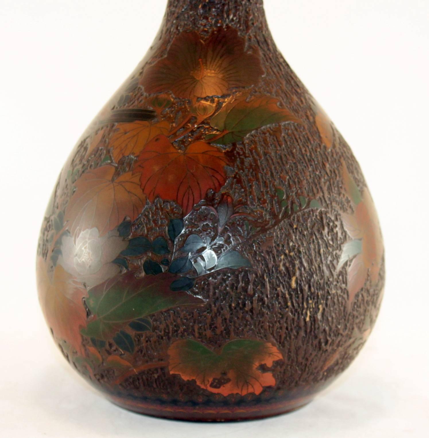 Japanese “Tree-Bark” Cloisonne Jiki-Shippo Cloisonne on Porcelain Bulbous Vase