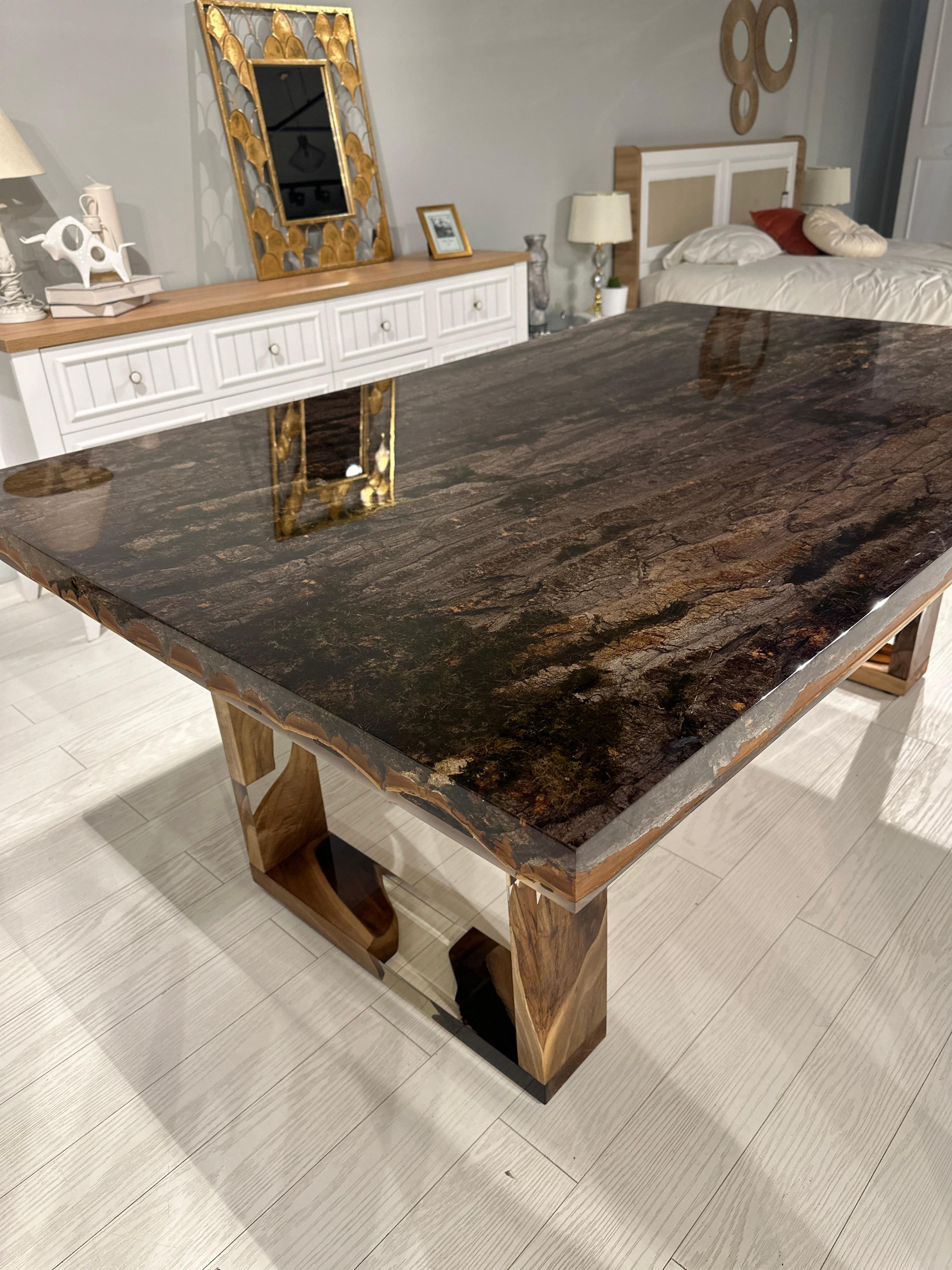 Arts and Crafts Tree Bark Epoxy Resin Dining & Conference Table For Sale