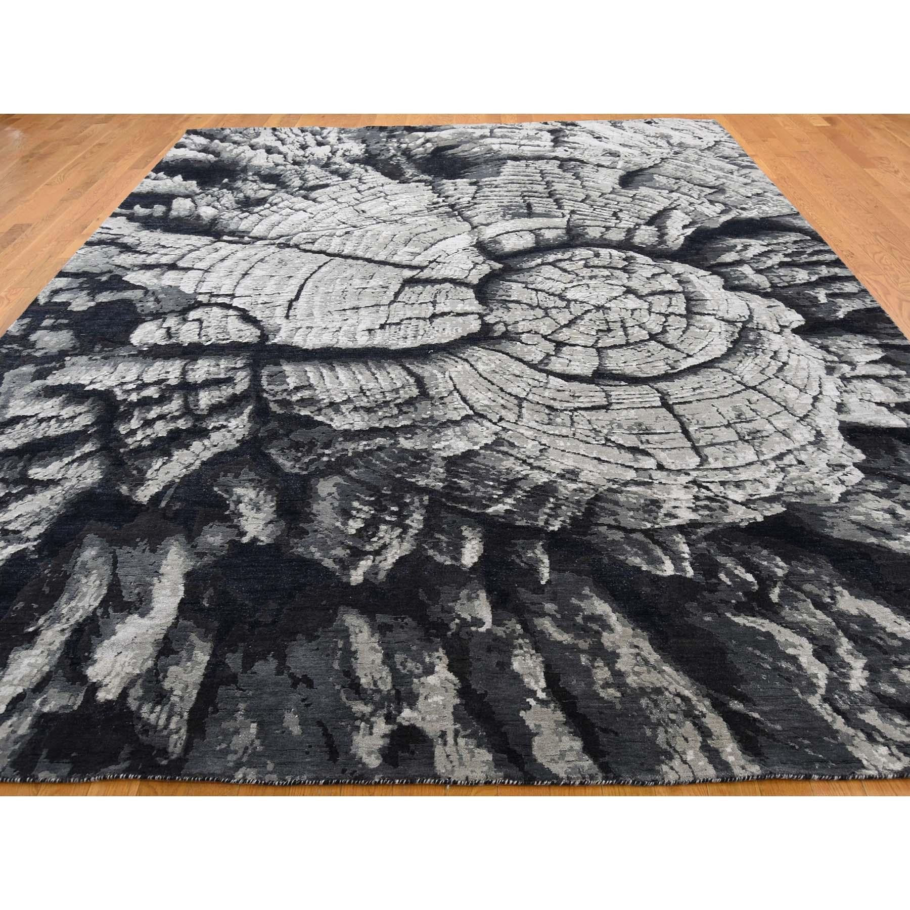Modern Tree Bark Wool and Silk with Abstract Design Black and Grey Hand Knotted