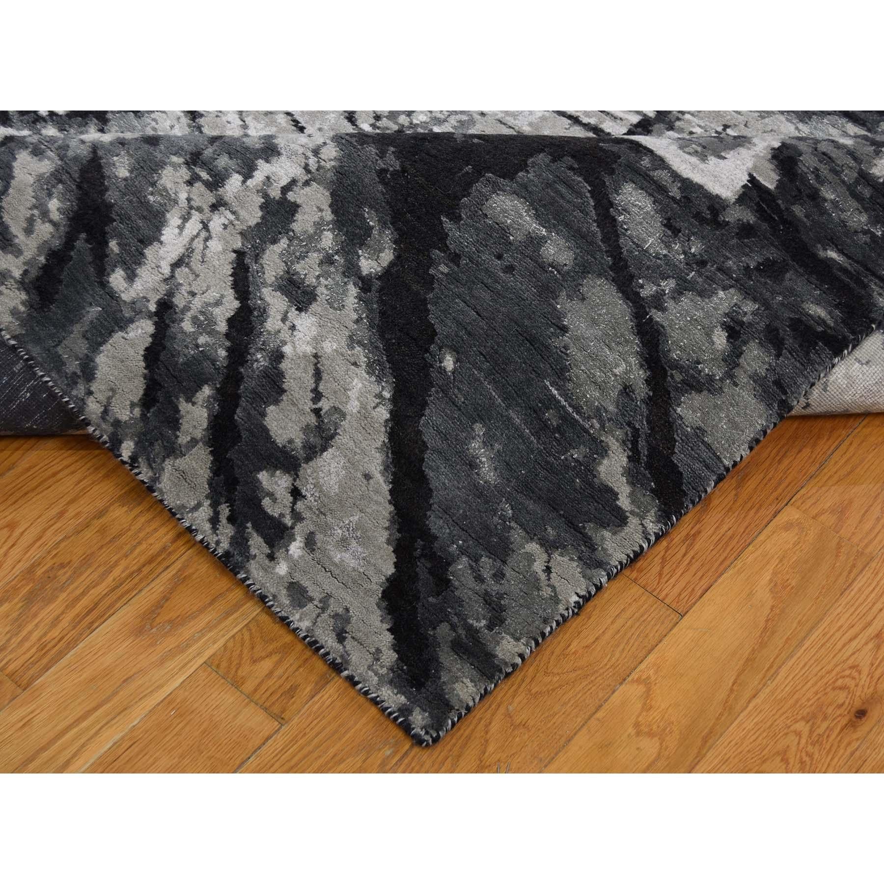 Contemporary Tree Bark Wool and Silk with Abstract Design Black and Grey Hand Knotted