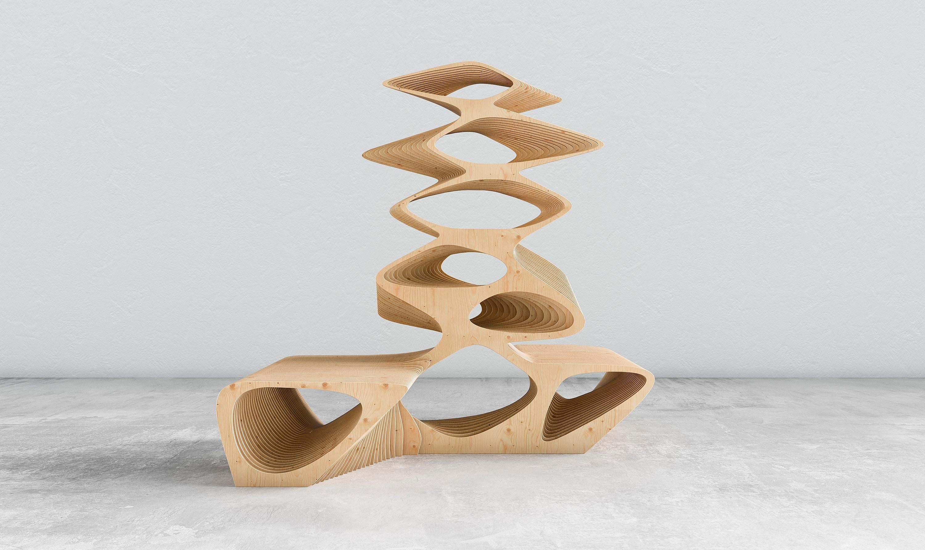 A Tree Bench è una straordinaria installazione scultorea che combina in modo ingegnoso uno scaffale a doppia faccia con due panchine integrate, fondendo perfettamente forma e funzione. 
Realizzata in compensato da 18 mm e rinforzata con barre di