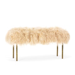 Modern beige lamb fur hammered brass Tree Branches long bench by InsidherLand