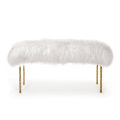 Modern white lamb fur hammered brass Tree Branches long bench by InsidherLand