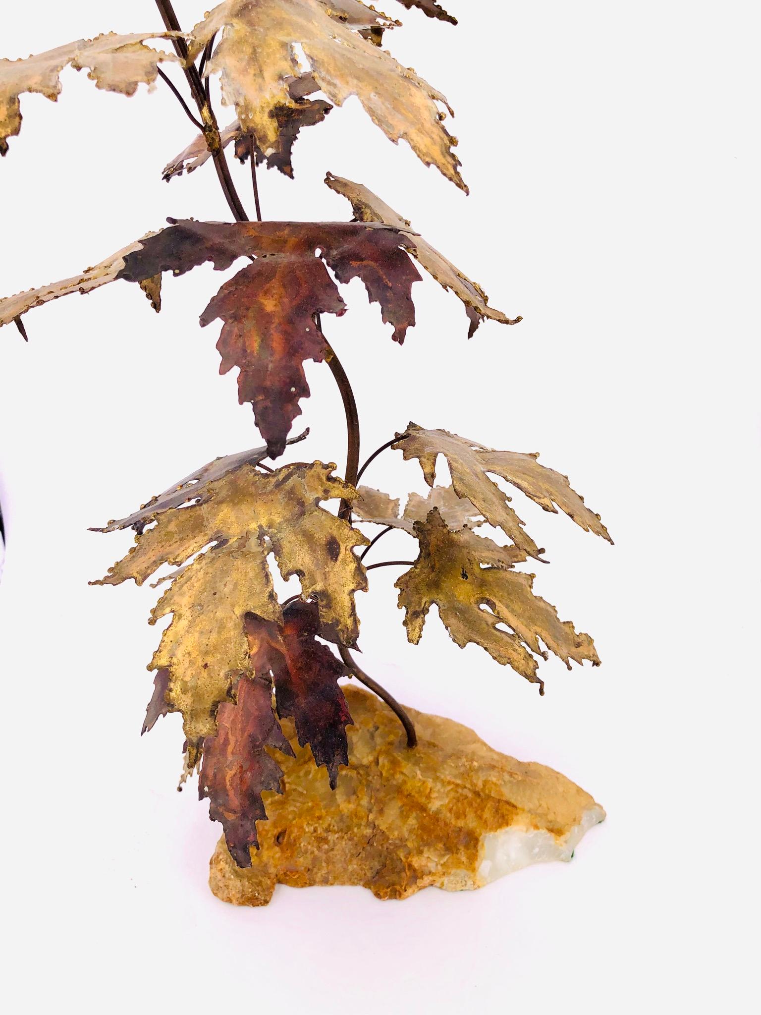 Mid-Century Modern Tree Brass Sculpture on Quartz Base Maple Leaves in the Style of Curtis Jere