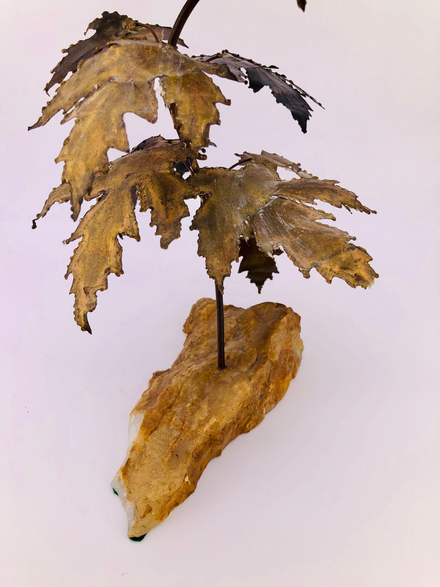 American Tree Brass Sculpture on Quartz Base Maple Leaves in the Style of Curtis Jere