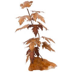 Tree Brass Sculpture on Quartz Base Maple Leaves in the Style of Curtis Jere