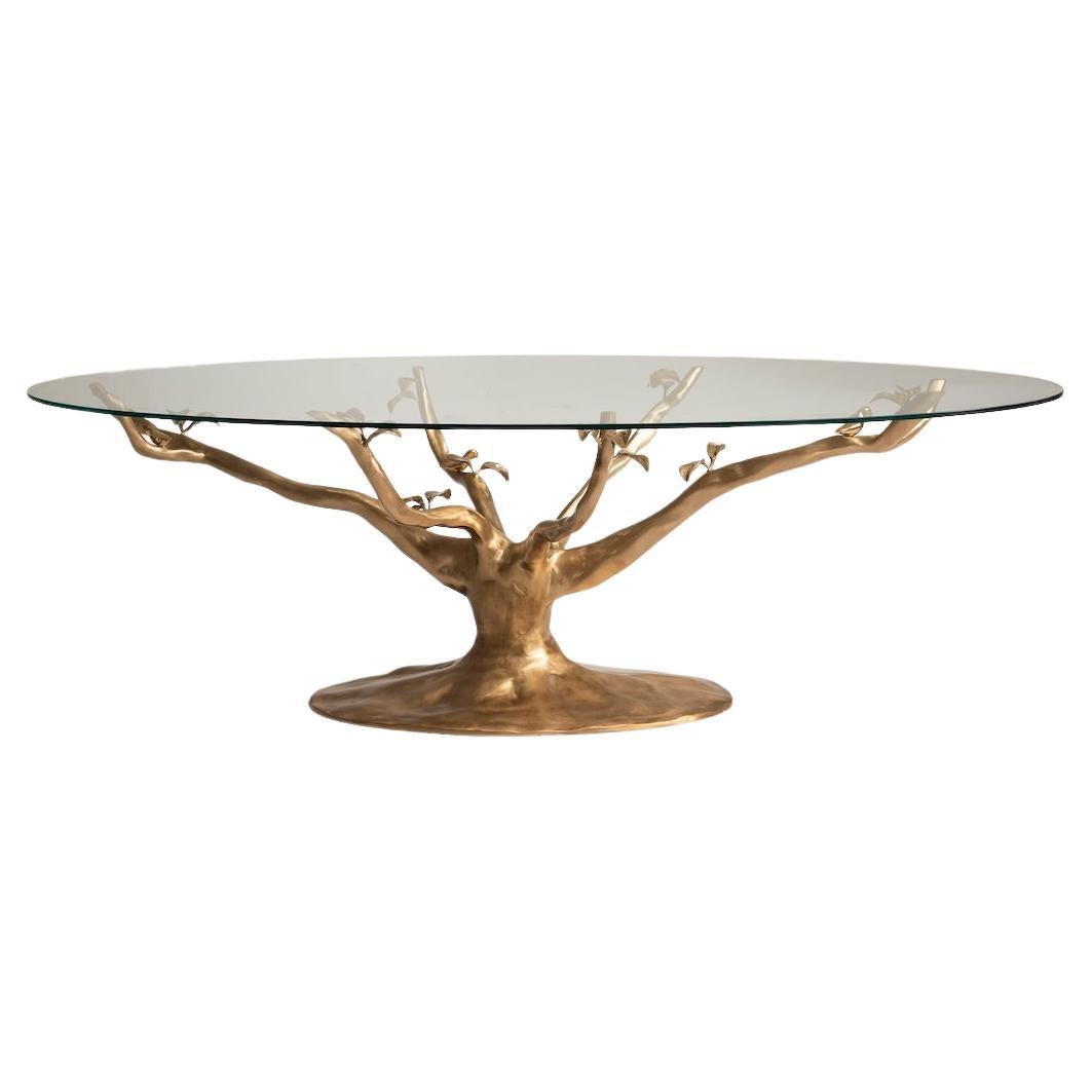 table sculpture en laiton "Tree", fabriquée à la main en Italie, avec plateau en verre en vente