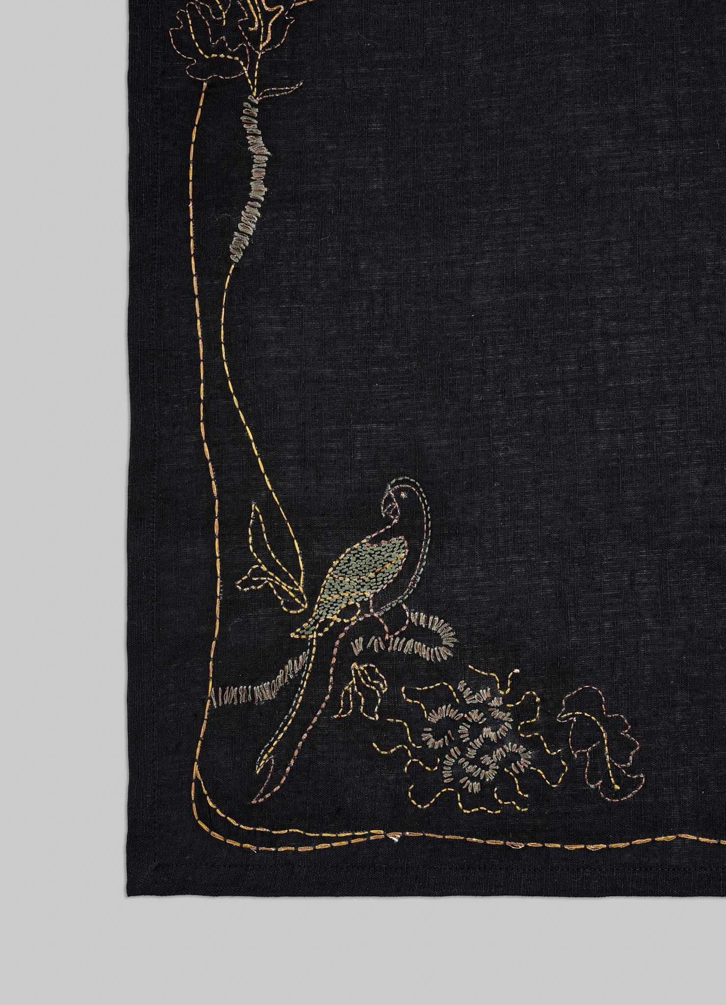 Indian Tree Full of Parrots Hand Embroidered Black & Gold Placemat For Sale