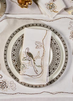 Tree Full of Parrots Hand Embroidered White & Gold Napkin, Viya by Vikram Goyal