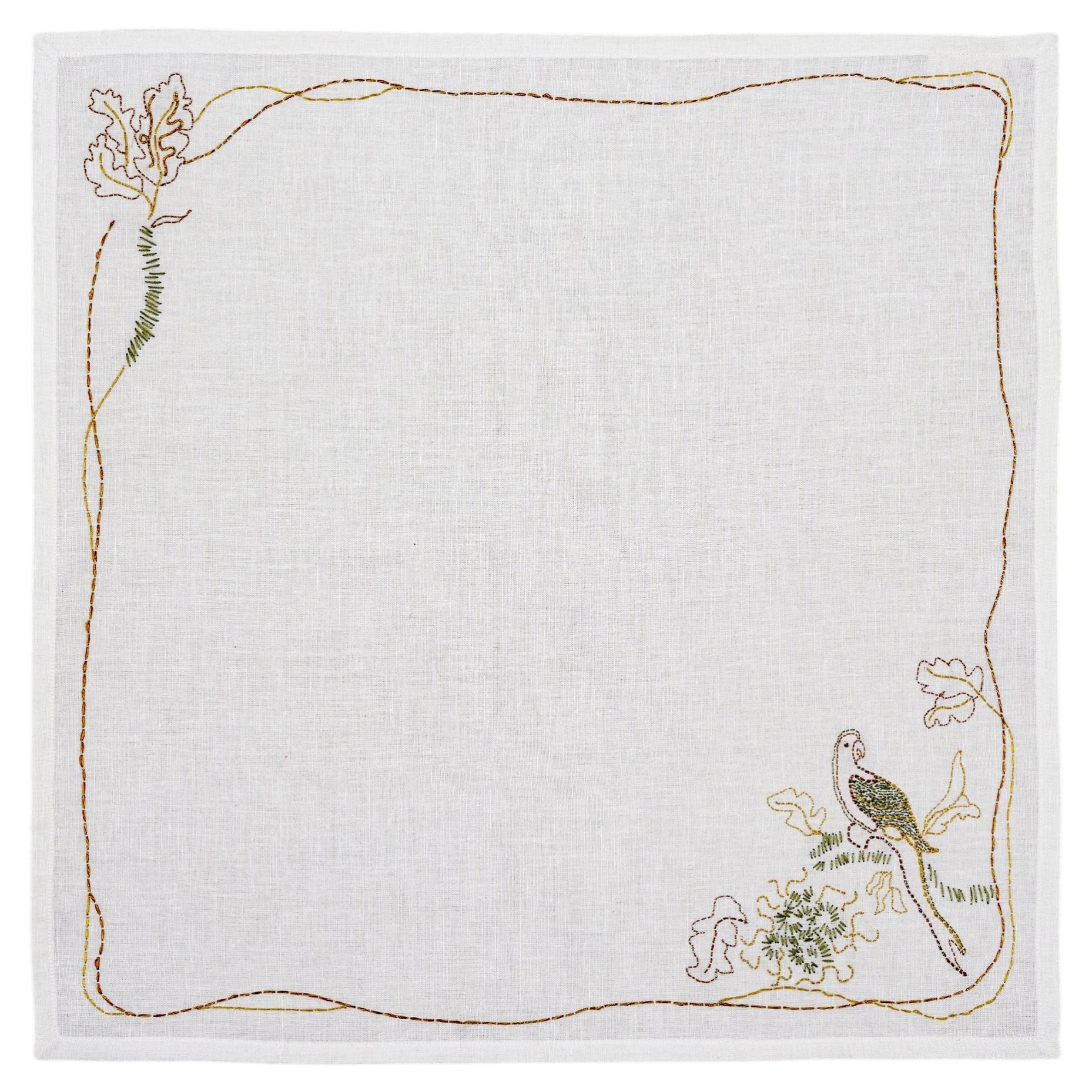 Tree Full of Parrots Hand Embroidered White & Gold Napkin, Viya by Vikram Goyal For Sale