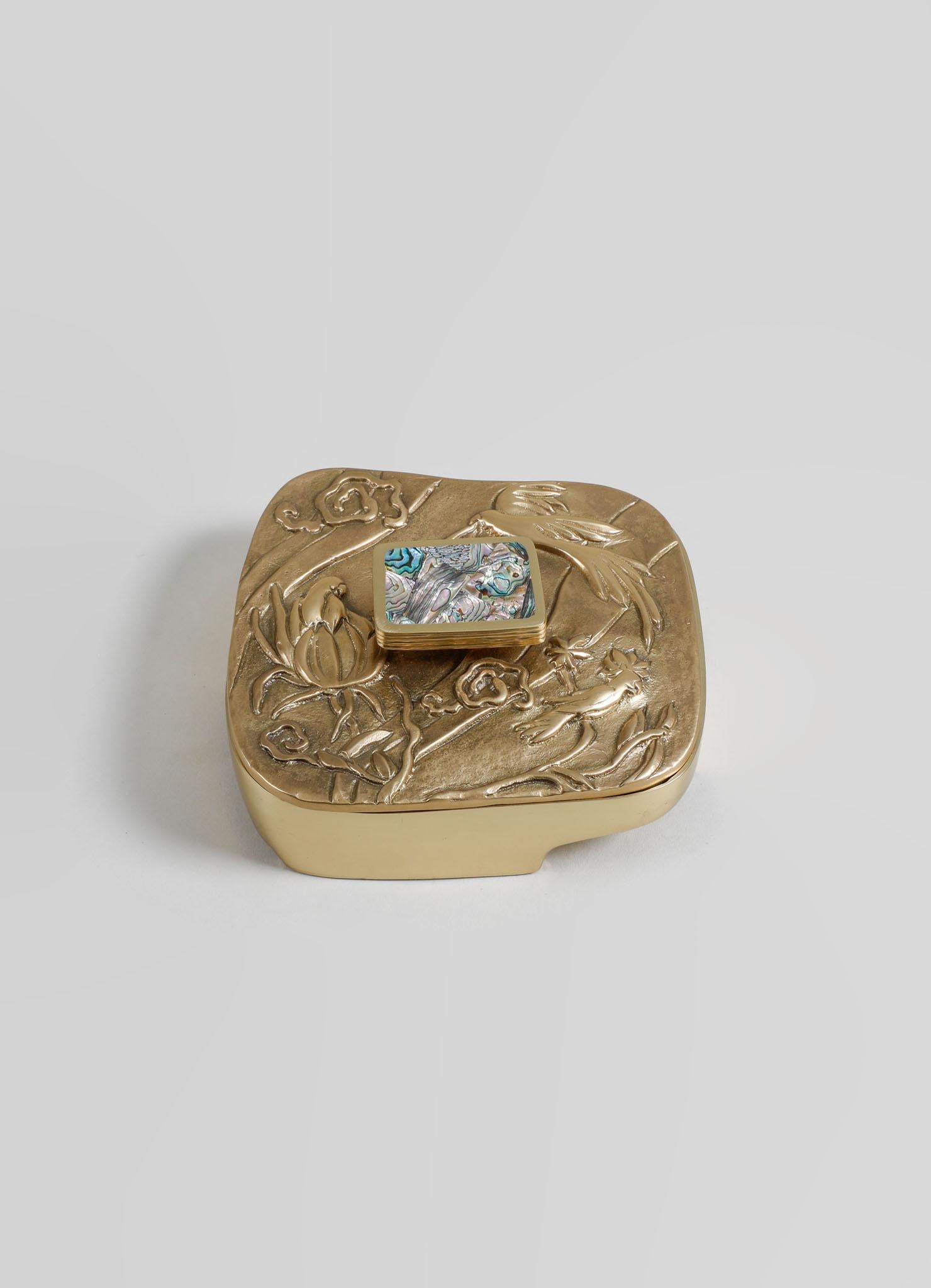 Indian Tree Full of Parrots Trinket Box in Brass & Semi Precious Stone For Sale
