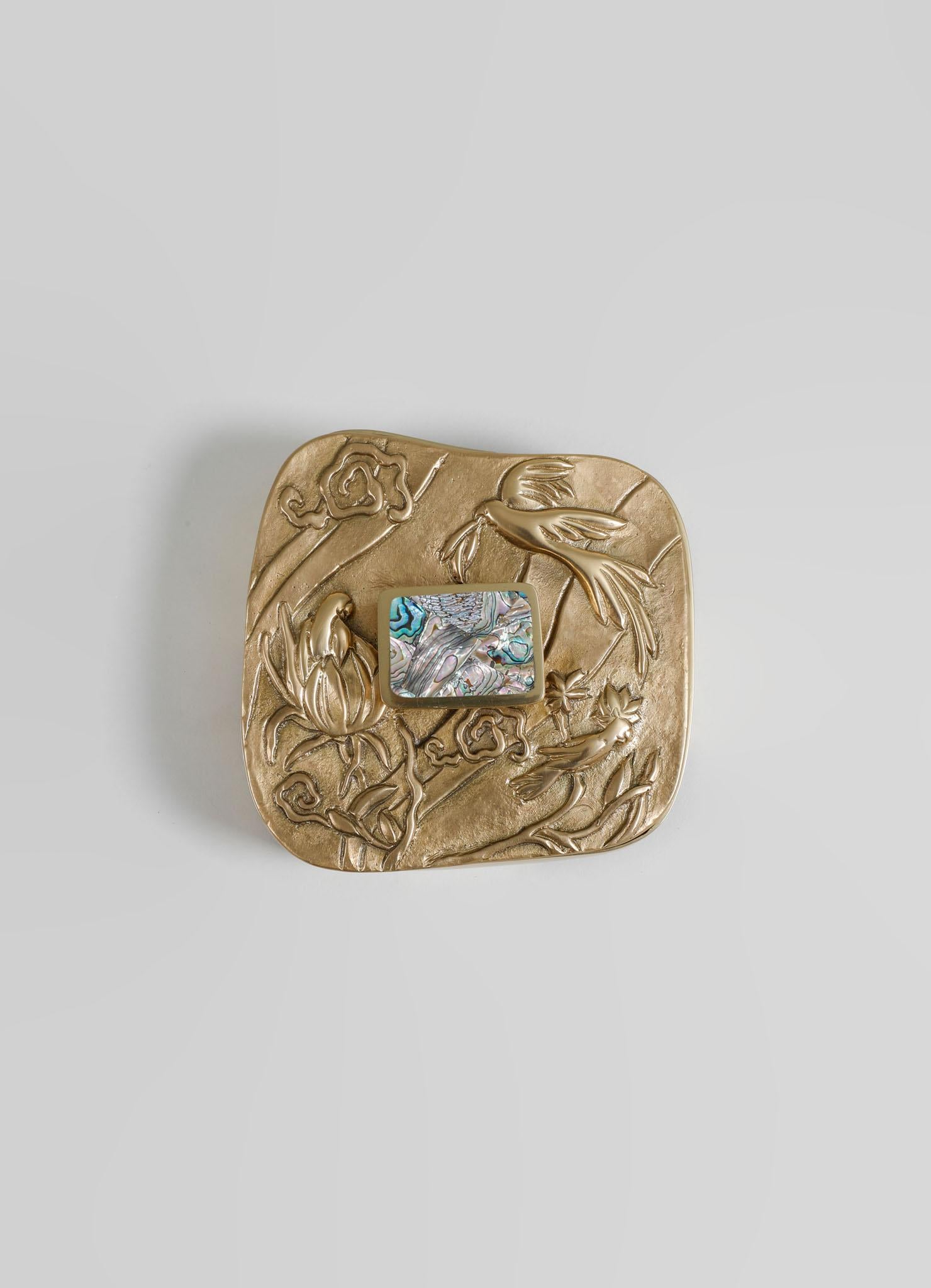 Cast Tree Full of Parrots Trinket Box in Brass & Semi Precious Stone For Sale