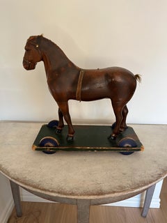 Antique Wooden Horse on Wheels - Original toy - Folk art design (20th Century)