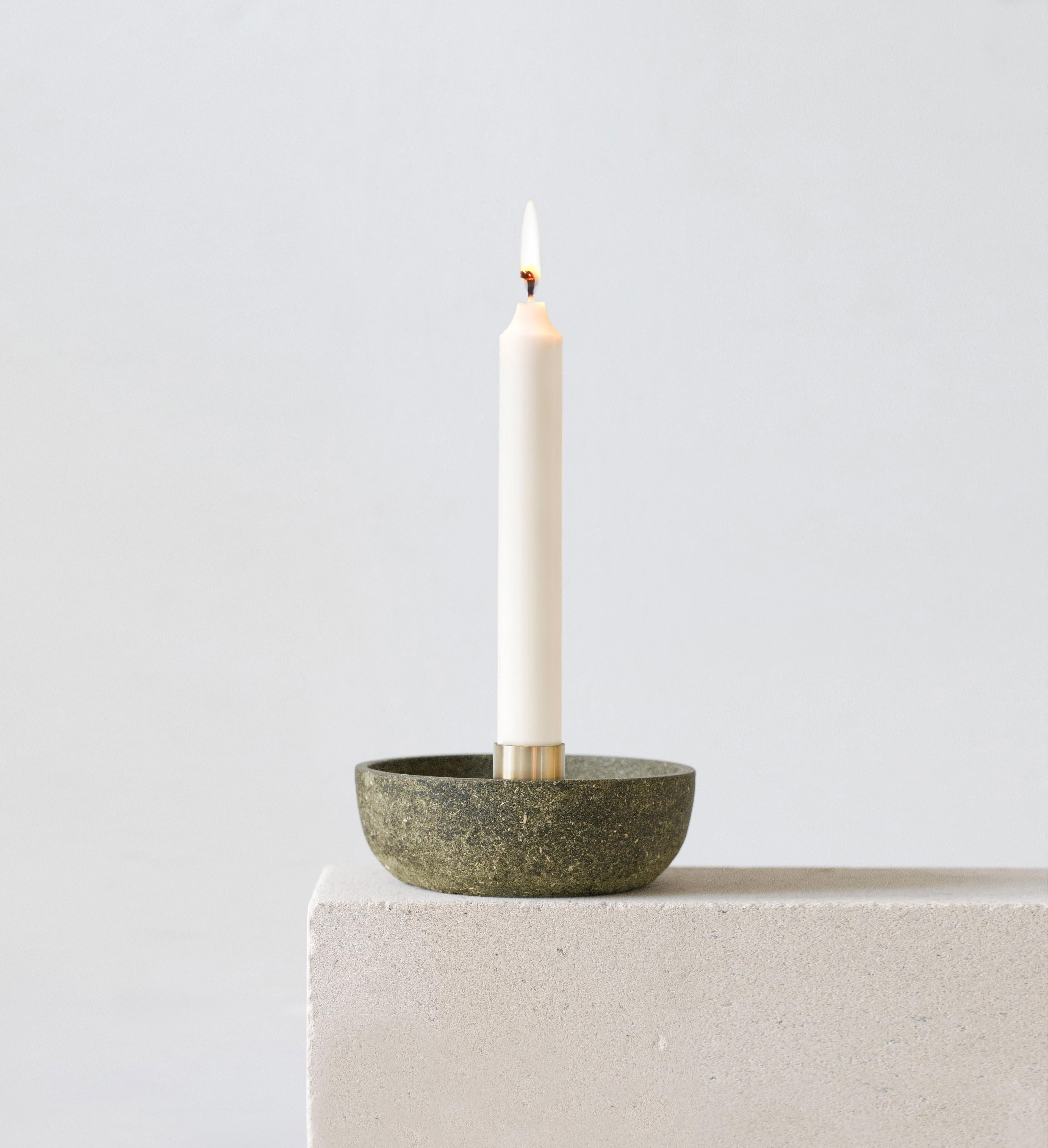 Tree leaves candlestick holder by Evelina Kudabaite Studio
Handmade
Materials: tree leaves, brass
Dimensions: H 45 mm x D 105 mm
Colour: green
Notes: for dry use

Since 2015, product designer Evelina Kudabaite keeps on developing and making