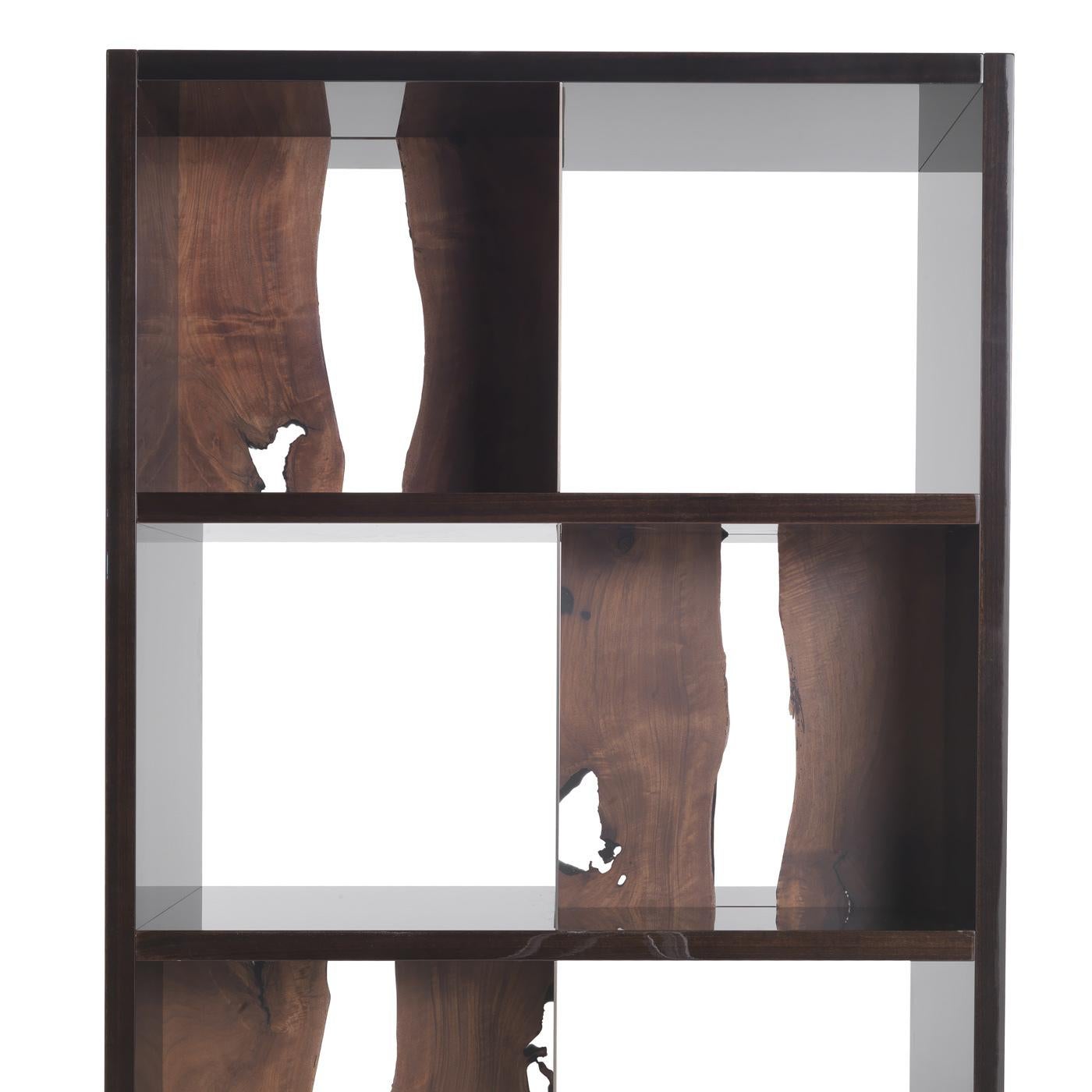 A striking piece of functional decor that will infuse any living room with refined sophistication, this splendid bookcase is the result of masterful craftsmanship combined with modern design. Fashioned of eucalyptus wood, it comprises four shelves