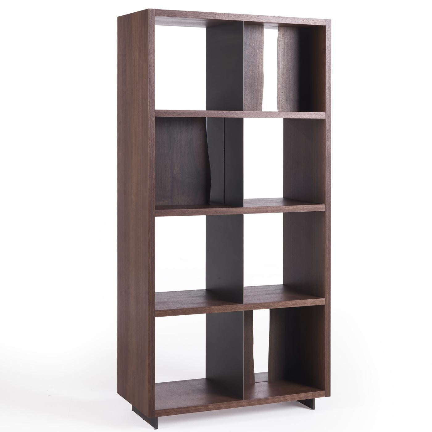 A magnificent modern piece of skillful, traditional craftsmanship, this striking bookcase is entirely crafted of Canaletto walnut wood, showcasing its natural dark hue. The piece is composed of four shelves, each with two compartments which are