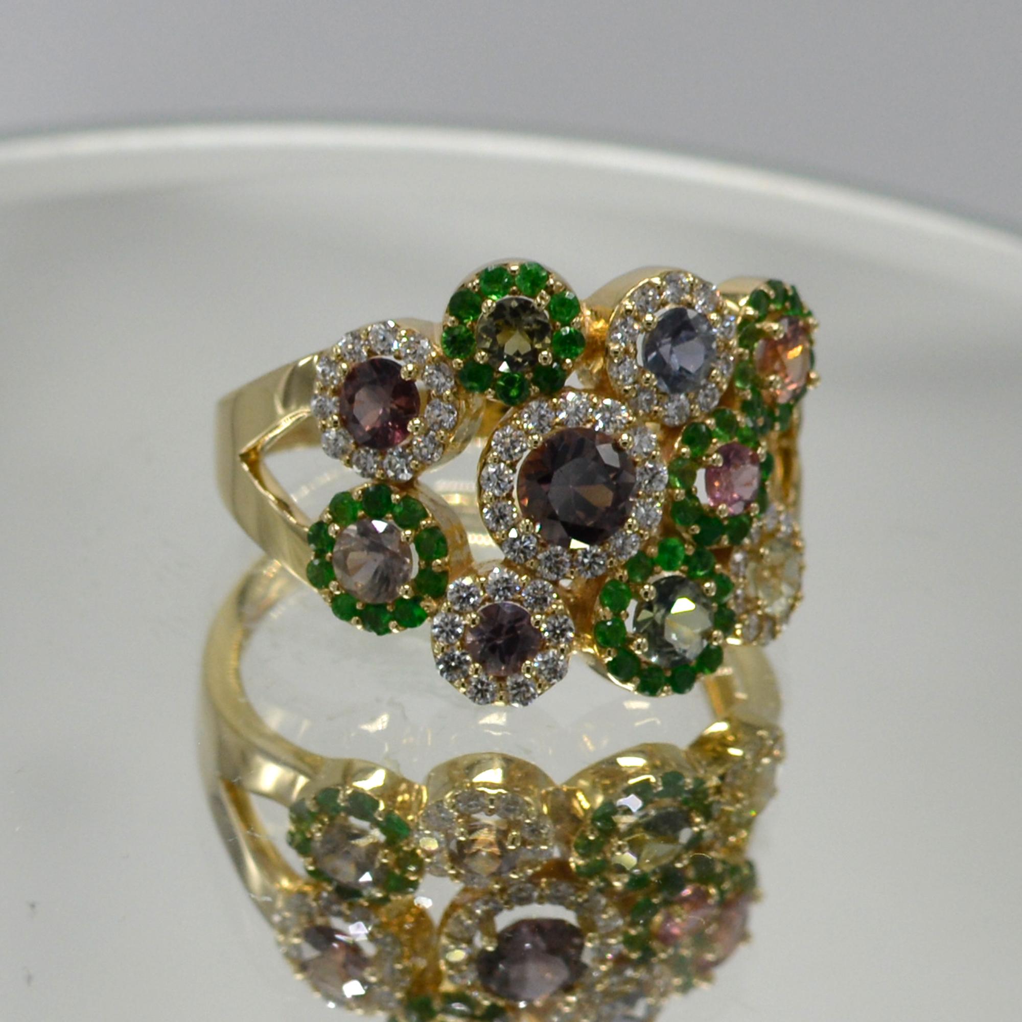 Women's or Men's Tree of Flowers Ring Mix Montana Sapphire Gemstone 14 Karat Rose Gold For Sale