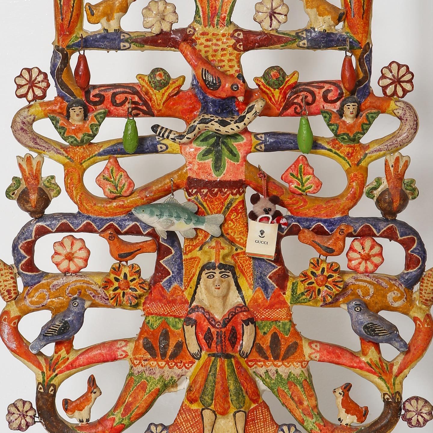 Grand scale Mexican folk art traditional “tree of life” candelabra by Aurelio Flores. Hand painted ceramic construction with all sorts of wonderful details and embellishments. Really spectacular and with age appropriate patina. Occasional loss of