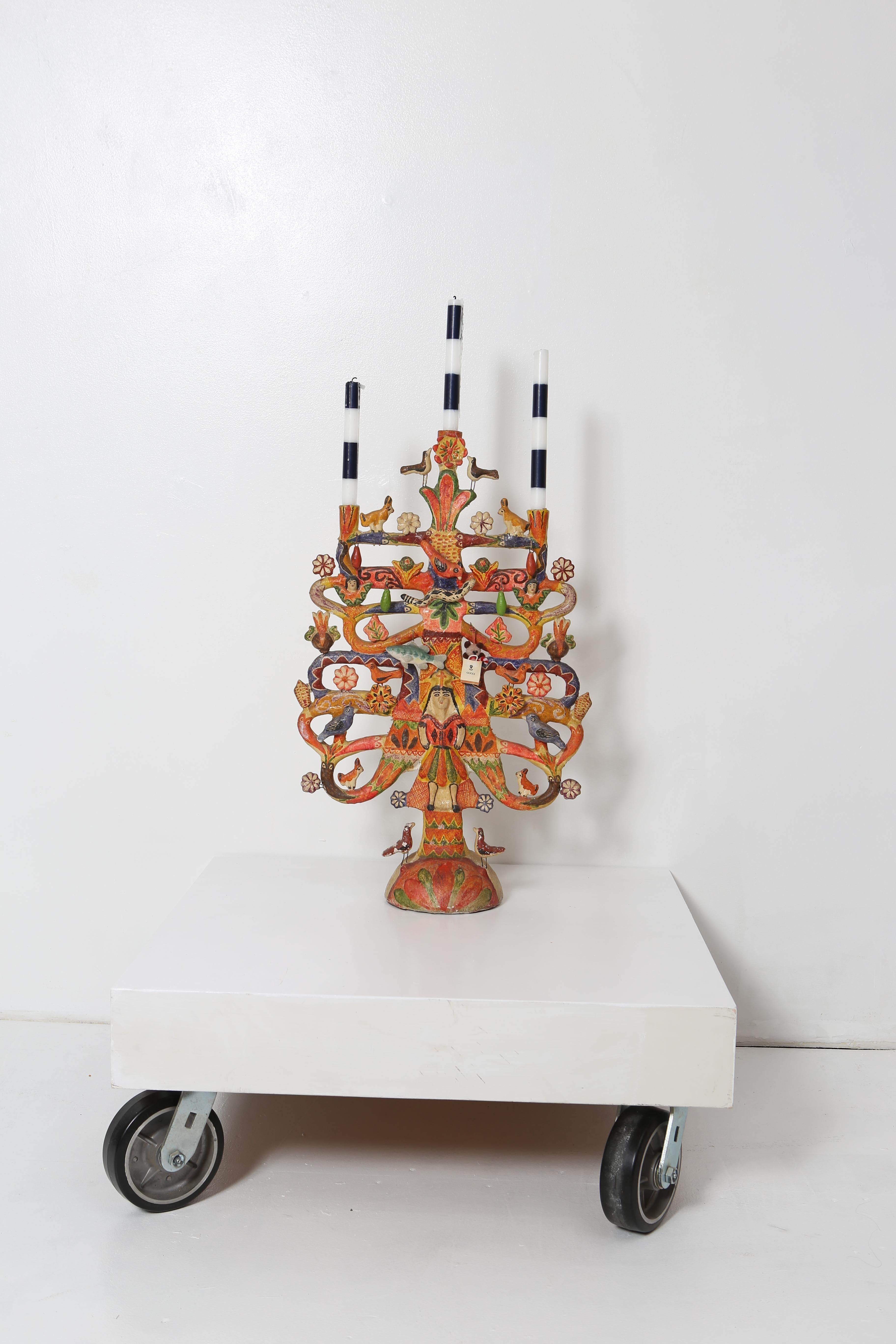 Hand-Painted Tree of Life Candelabra by Aurelio Flores, 1960s