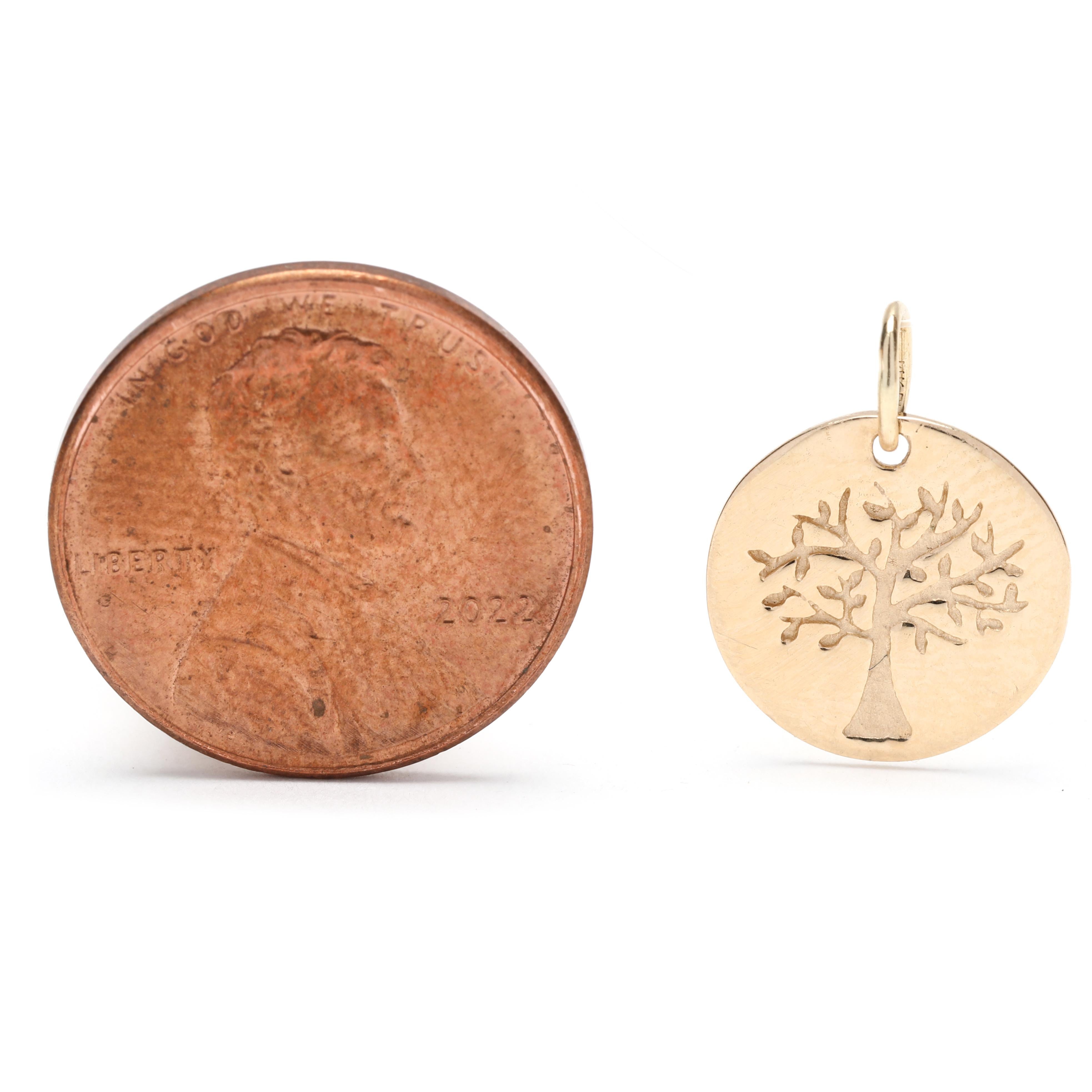 This 10K yellow gold Tree Of Life disc charm is a unique and stylish way to show off your love of nature. Crafted from solid 10K gold with a polished finish, this charm measures 5/8 inch in diameter and features an engraved Tree Of Life design. This
