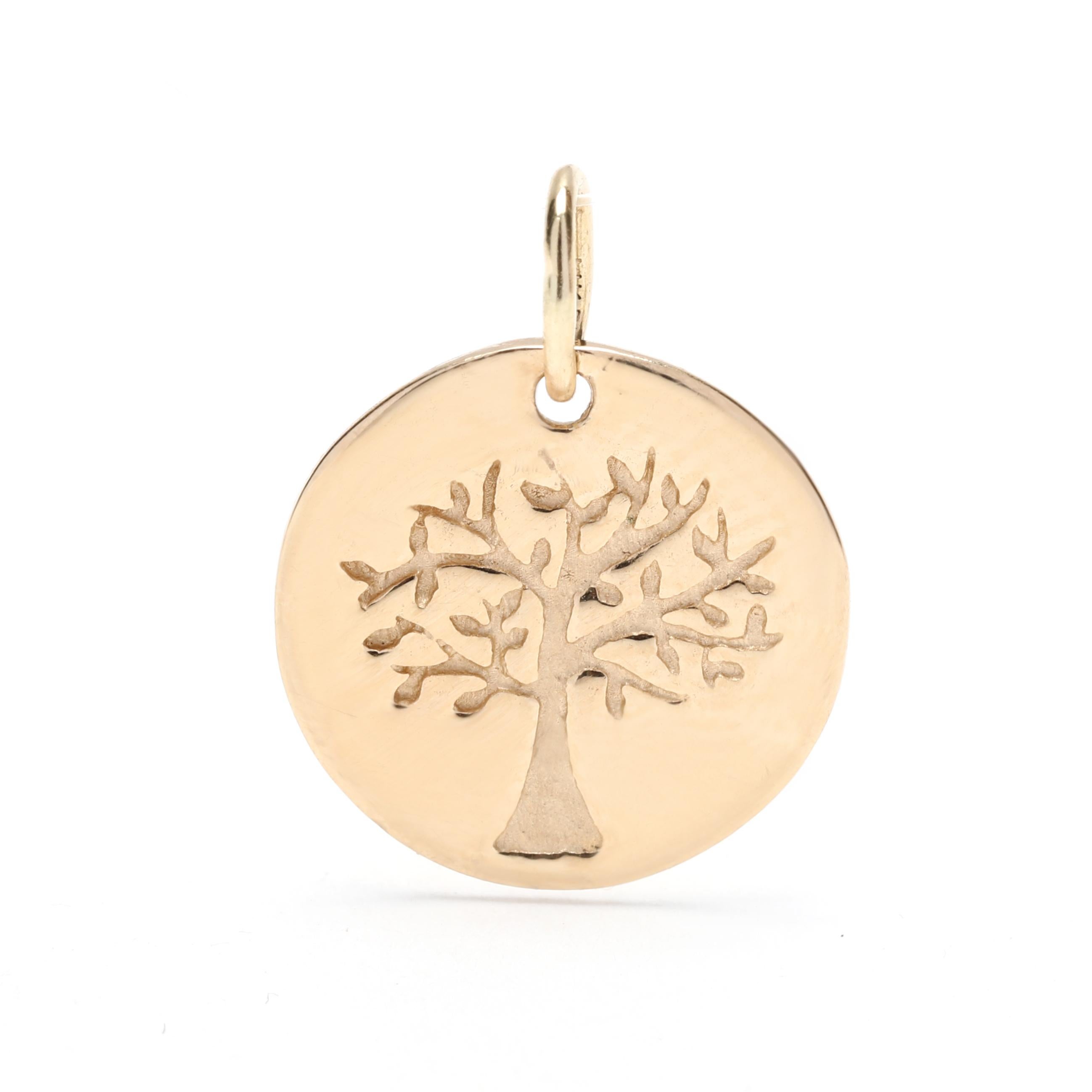 Tree Of Life Disc Charm, 10K Yellow Gold, Length 5/8 Inch, Small Gold Disc Charm In Good Condition In McLeansville, NC