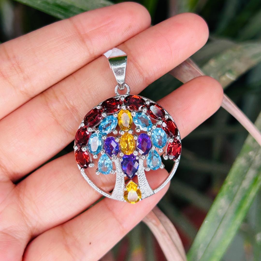 Colgante Árbol de la Vida Círculo con Varias Piedras Preciosas de Plata de Ley 925 para Regalo de Boda Corte mixto en venta