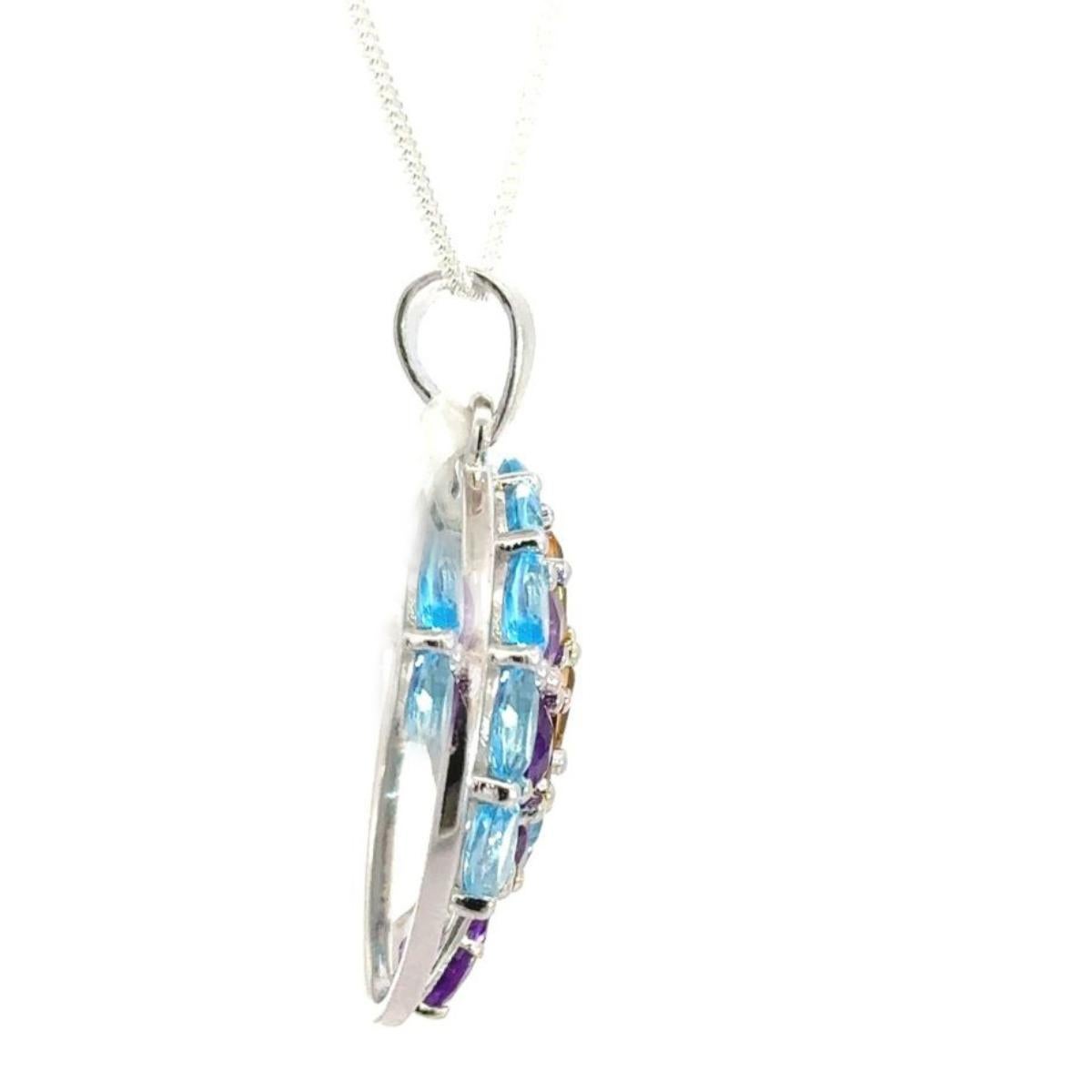 Tree of Life Multi Gemstone Circle Silver Pendant for Engagement Gift Jeewlry In New Condition For Sale In New York, NY