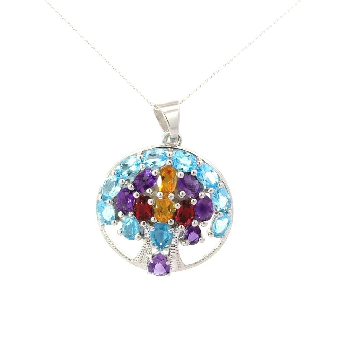 Women's Tree of Life Multi Gemstone Circle Silver Pendant for Engagement Gift Jeewlry For Sale