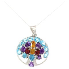 Tree of Life Multi Gemstone Circle Silver Pendant for Engagement Gift