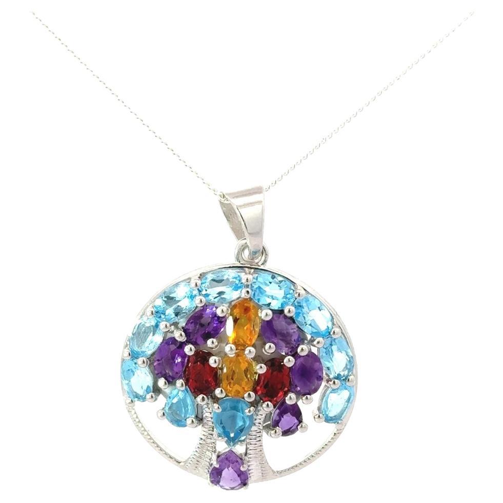 Tree of Life Multi Gemstone Circle Silver Pendant for Engagement Gift Jeewlry For Sale